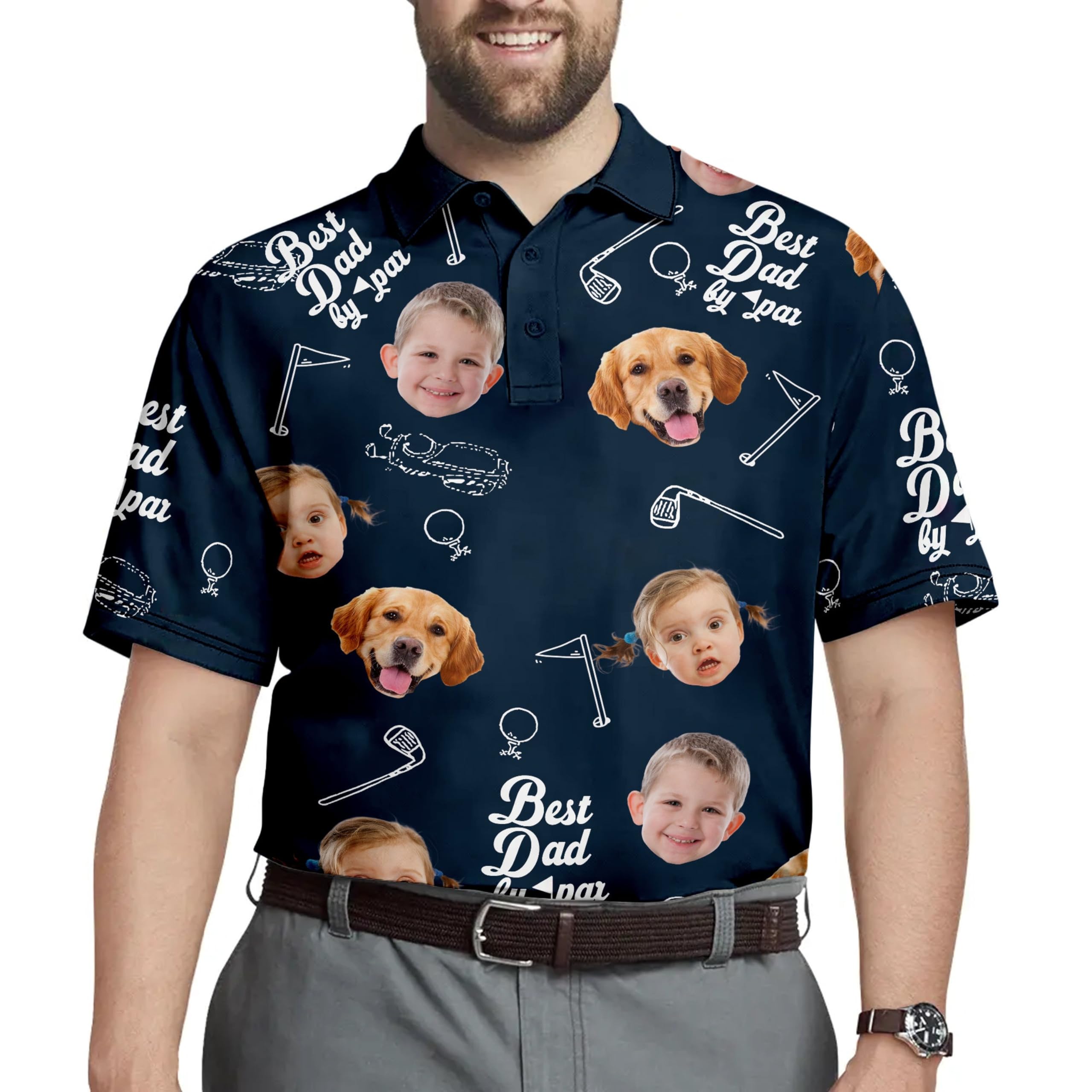 Custom Dad Polo Shirt with Kids Face Print - Personalized Father's Day Gift for Golf, BBQ & Family Outings - Breathable Men's Casual Shirt
