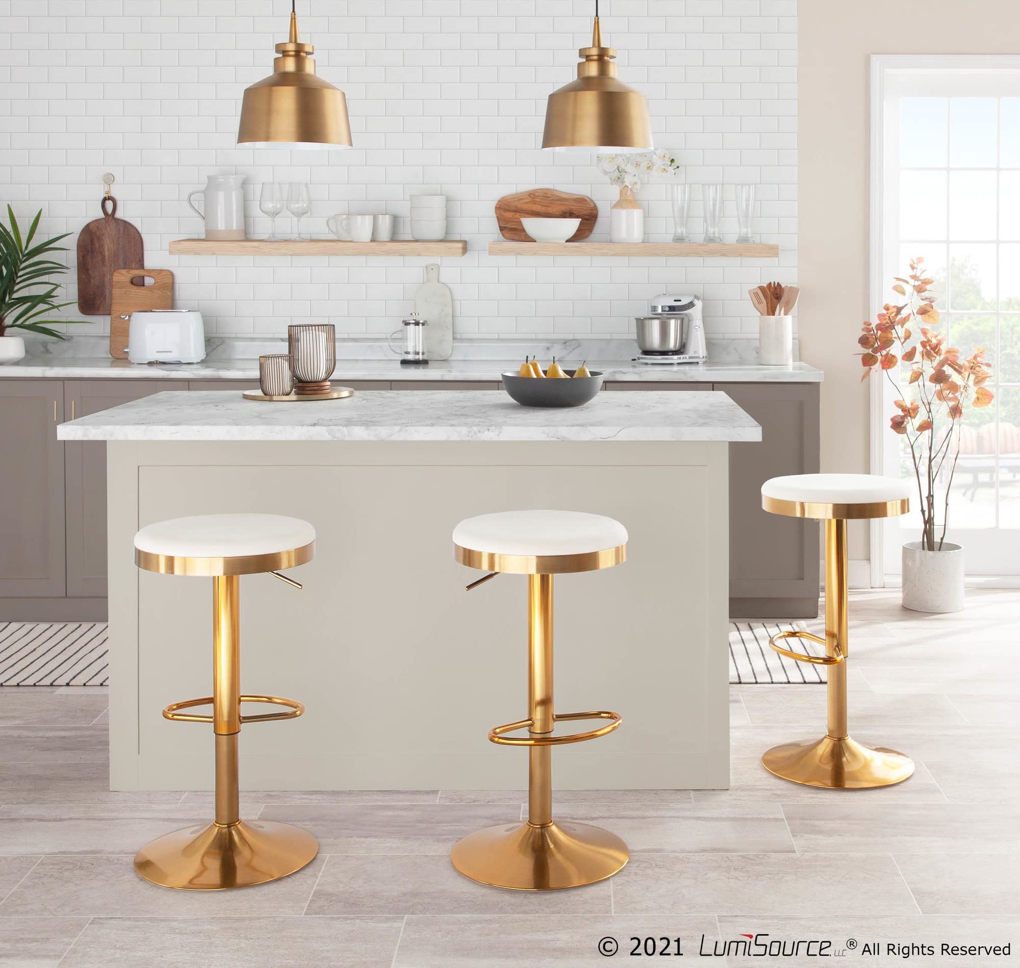 LumiSource Dakota Adjustable Swivel Bar Stool Set of 2 - Gold Upholstered Bar Chairs for Kitchen Island, Home Bar & Dining Counter - Comfortable Counter Height Stools with Footrest