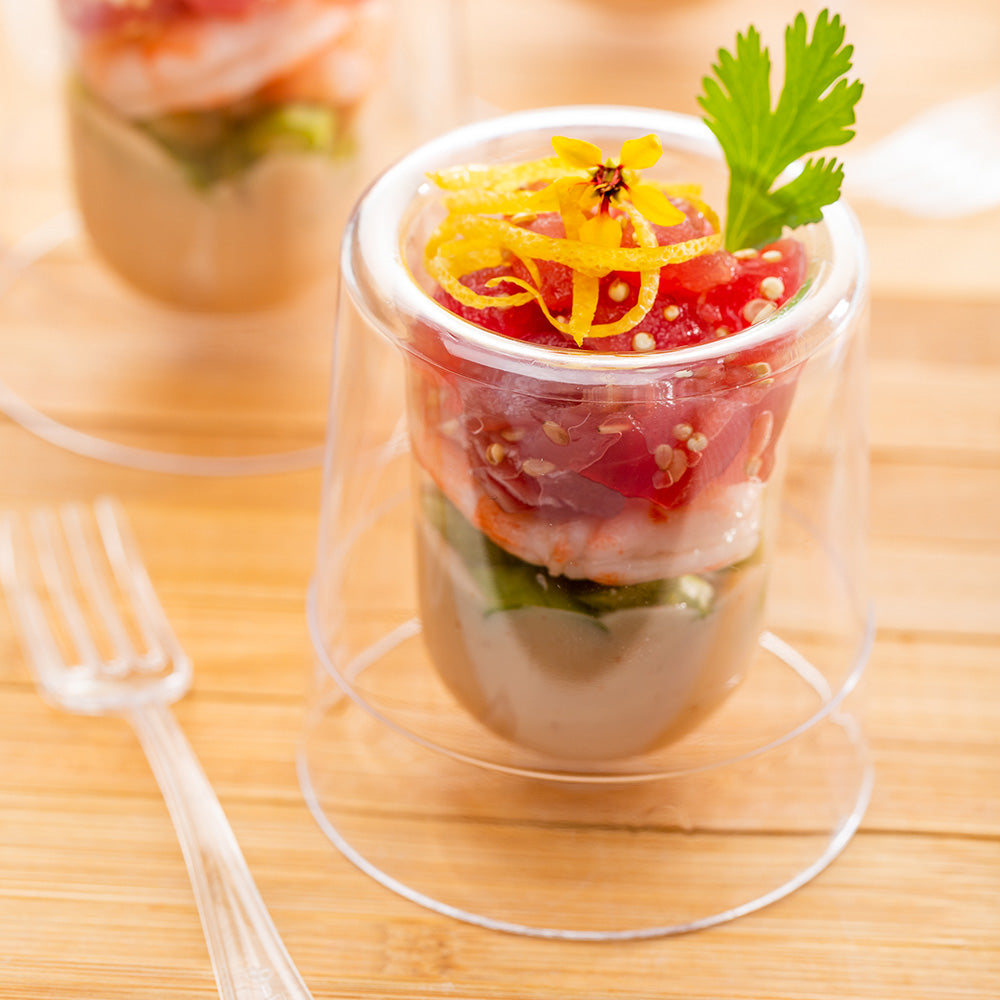 100 Pack 2 oz Clear Plastic Double Walled Round Cups with 100 Silver Mini Forks - Perfect for Parties, Weddings, and Dessert Serving