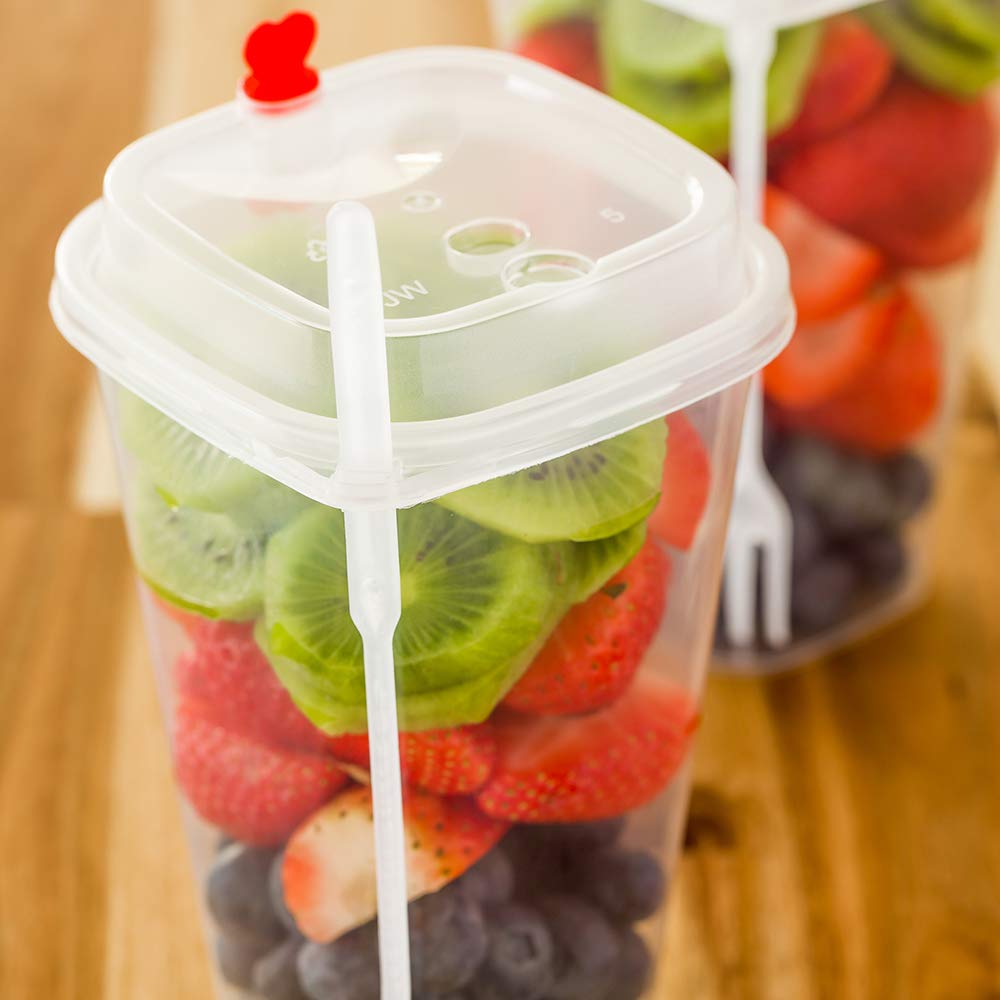 Restaurantware 24oz Clear Plastic Salad Lunch Containers with Lids & Forks - 100 Pack | Includes Sipping Hole with Heart Plug & Straw Slot | Recyclable To-Go Food Containers for Office, Picnics & Meal Prep
