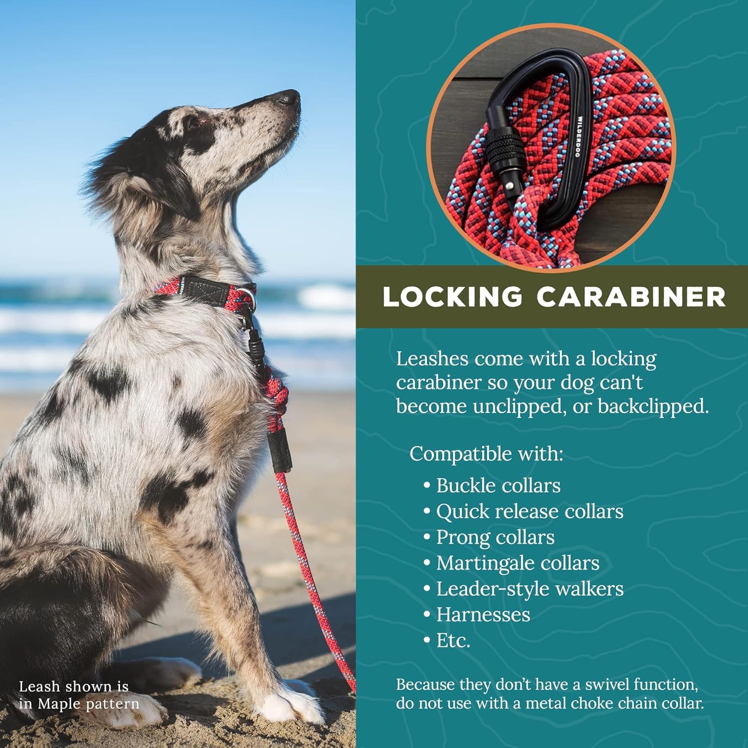 Wilderdog Heavy Duty Carabiner Climbing Rope Dog Leash - 10ft Durable Leash for Medium & Large Dogs - Maple Wood Handle - Perfect for Hiking, Camping & Outdoor Adventures