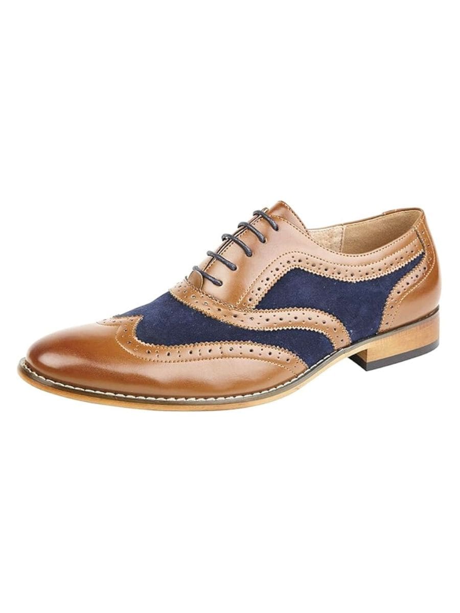 Goor Men's Tan & Navy 5-Eye Brogue Oxford Dress Shoes - Classic Wingtip Style for Business, Wedding & Formal Occasions