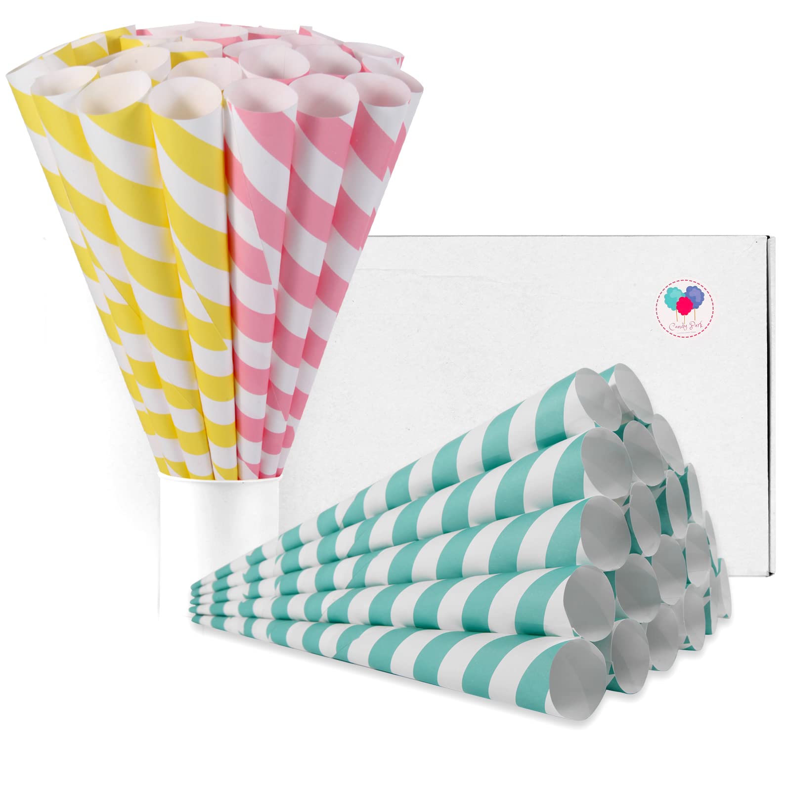 50 Pack Premium Cotton Candy Cones - Pastel Striped Paper Cones for Cotton Candy Machines & Candy Floss Sugar | Party Supplies for Birthday Celebrations, Carnivals & Fair Events