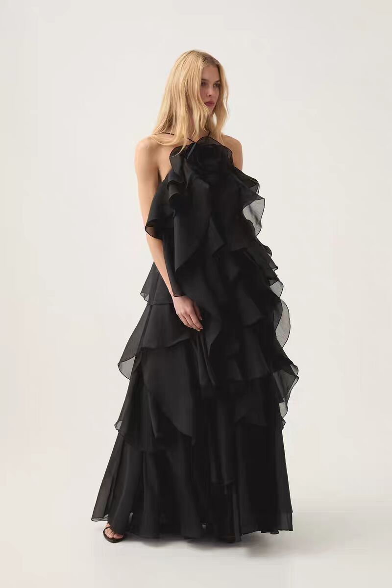 Elegant Black Halterneck Flounced Maxi Dress for Women - Perfect for Summer Beach Parties, Weddings & Evening Events