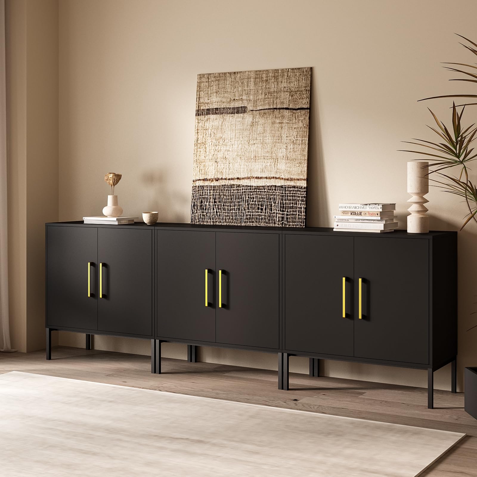 JOZZBY 3-Piece Storage Cabinet Set - Freestanding Double Door Sideboard, Modern Wooden Sideboard for Bedroom, Living Room, Kitchen, Office & Hallway - Perfect for Home Organization & Stylish Storage Solutions