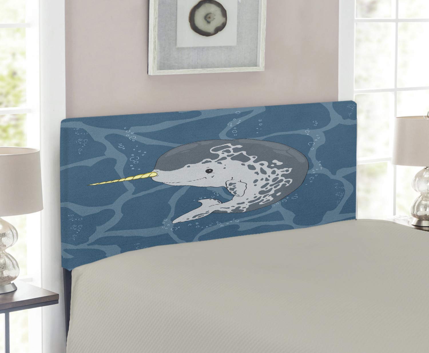Ambesonne Narwhal Headboard - Happy Arctic Ocean Whale Cartoon Design, Upholstered Metal Bed Headboard with Memory Foam, Twin Size, Multicolor - Perfect for Kids' Rooms & Coastal Themed Bedrooms