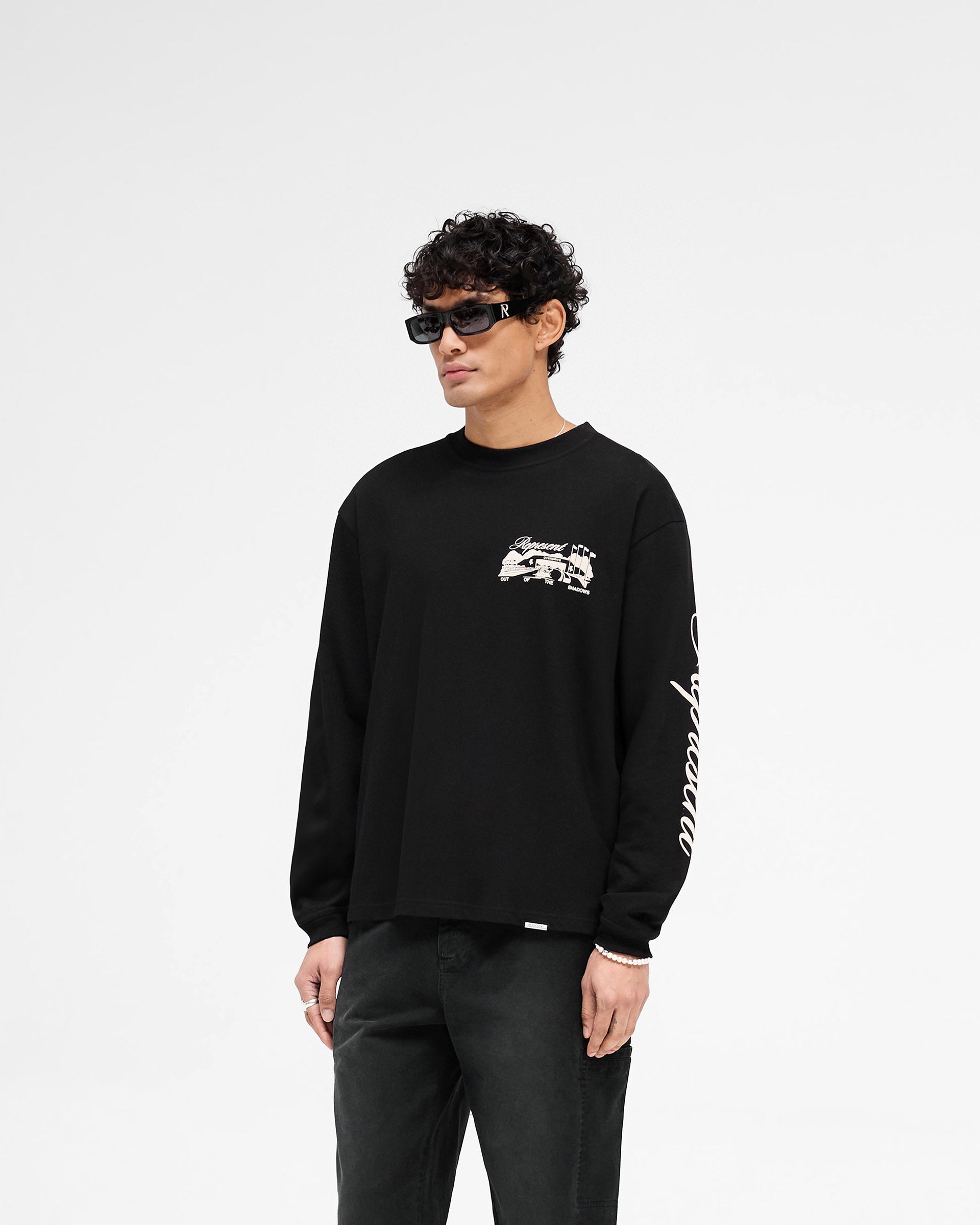 Raceway Long Sleeve T-Shirt for Men - Premium Jet Black Cotton Shirt - Comfortable Casual & Athletic Wear for Running, Gym, and Everyday Use