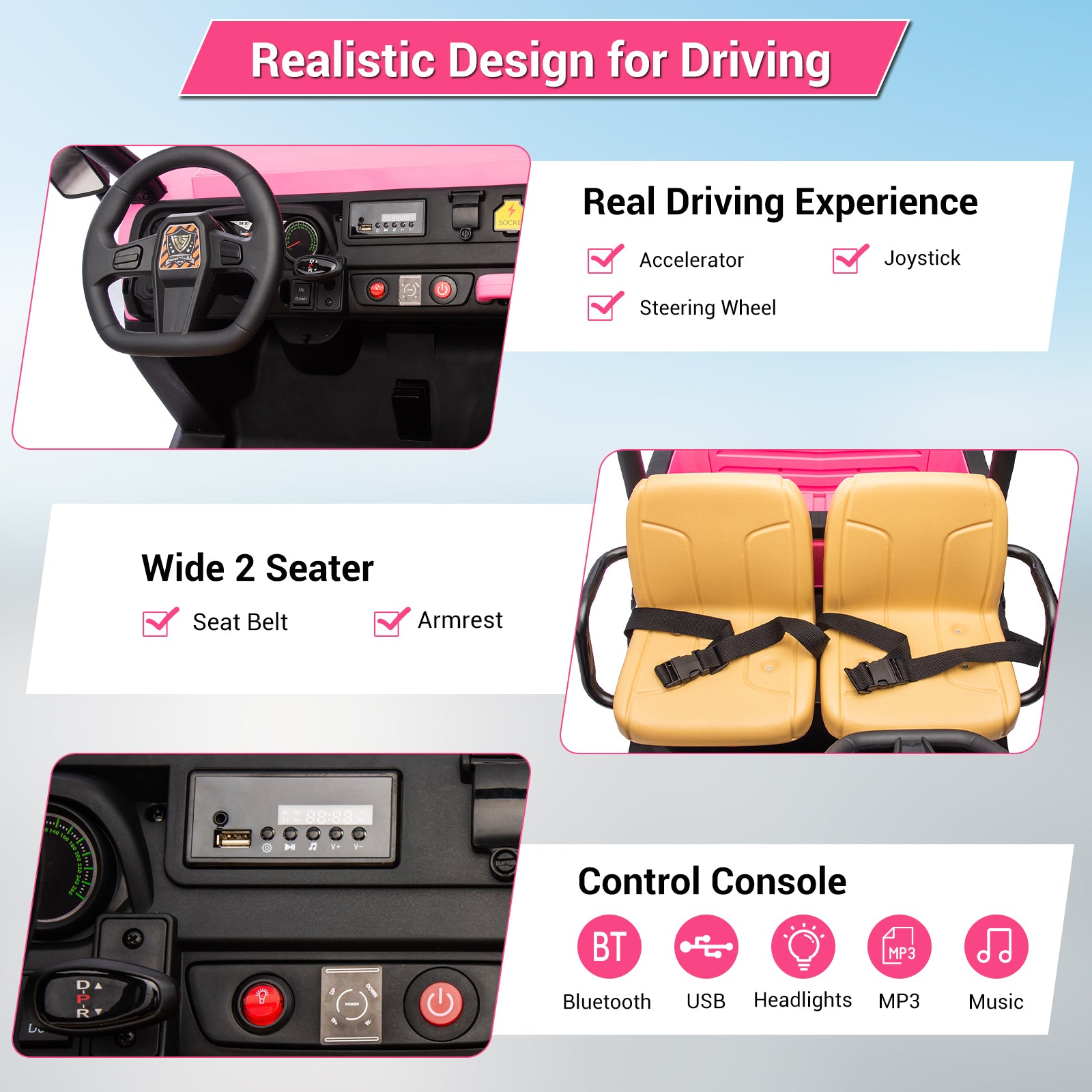GARVEE 24V Electric Ride On Dump Truck for Kids - 2 Seater Battery Powered UTV Toy with 4x35W Motors, Shovel, Bluetooth, Remote Control, Music & LED Lights - Perfect for Boys & Girls Outdoor Play (Pink)
