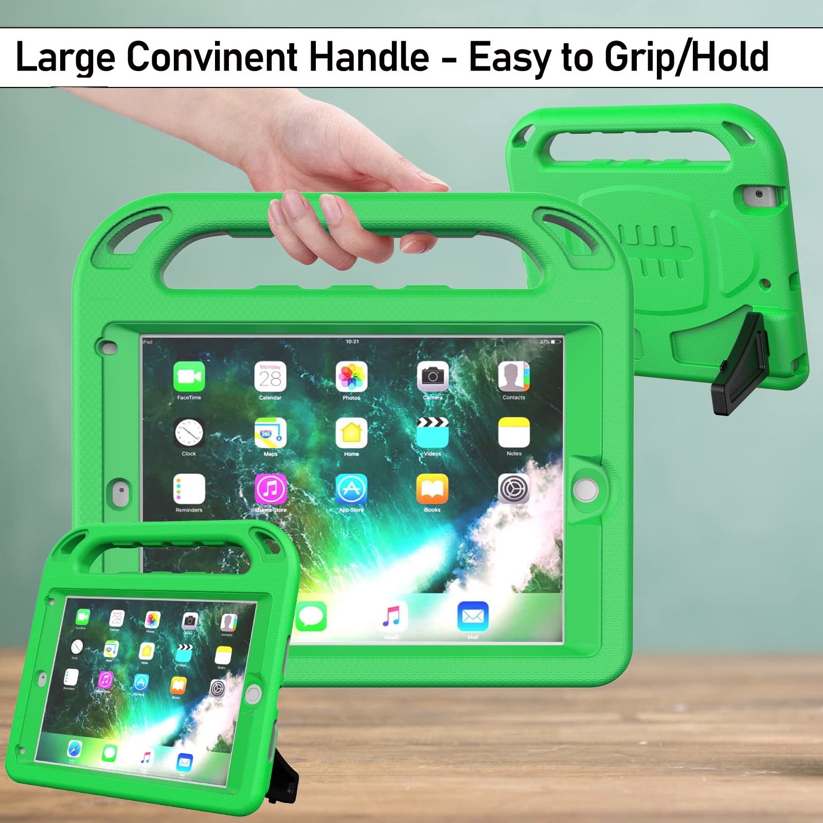 LTROP Shockproof Kids iPad Case for iPad 6th/5th Generation & Air 2 (9.7 Inch 2018/2017) - Built-in Screen Protector with Handle Stand - Green - Perfect for School, Travel & Home Learning