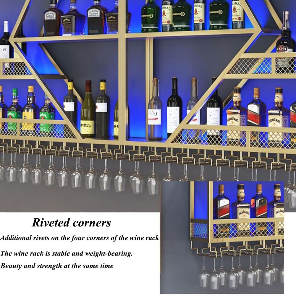 Modern Wall Mounted Wine Rack with LED Lights - Iron Metal Wine Bottle & Glass Holder, Floating Bar Shelves for Living Room, Restaurant, Kitchen Decor | Space-Saving Wine Storage Solution for Home Bars & Entertaining Areas (Black)