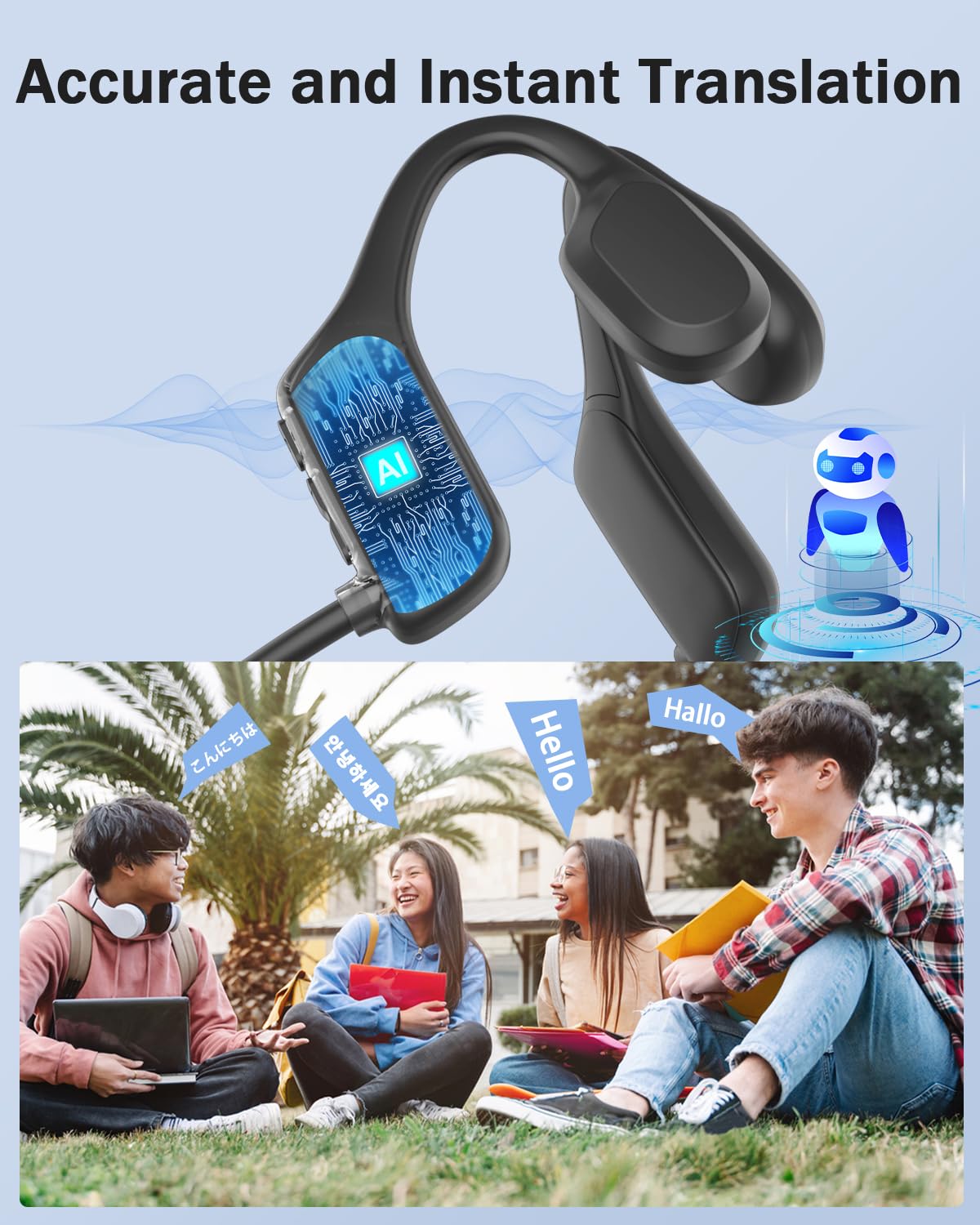 Bone X1 AI Translator Earbuds - Bluetooth 5.2 Bone Conduction Headphones with Real-Time 134 Language Translation, IP65 Waterproof Sport Headset for Travel, Business Meetings, Gym Workouts & Language Learning