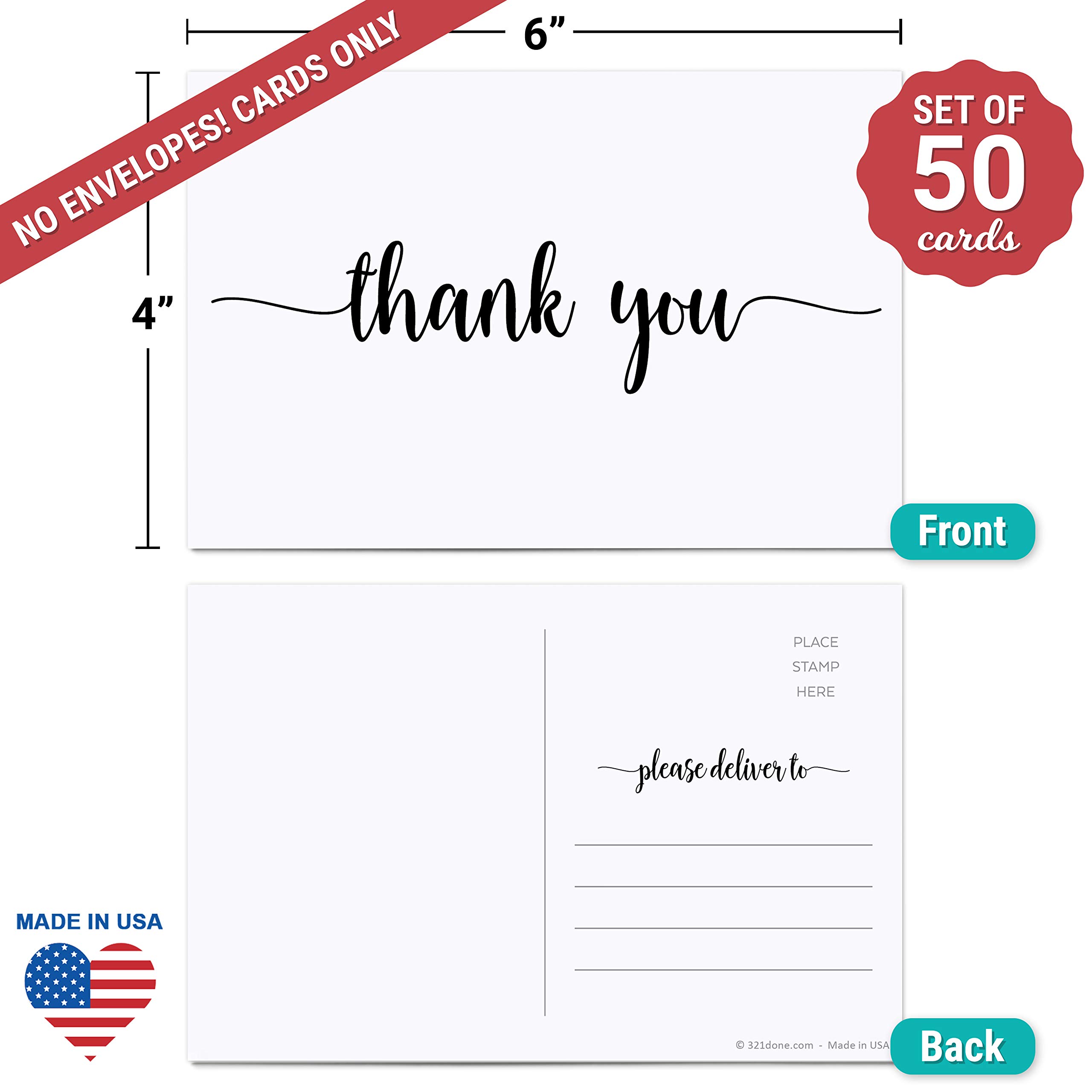 50 Pack 4x6 Inch Blank Thank You Postcards with Mailing Side - Premium White Cardstock, Modern Script Design | Made in USA | Perfect for Wedding, Business, Graduation & Customer Appreciation