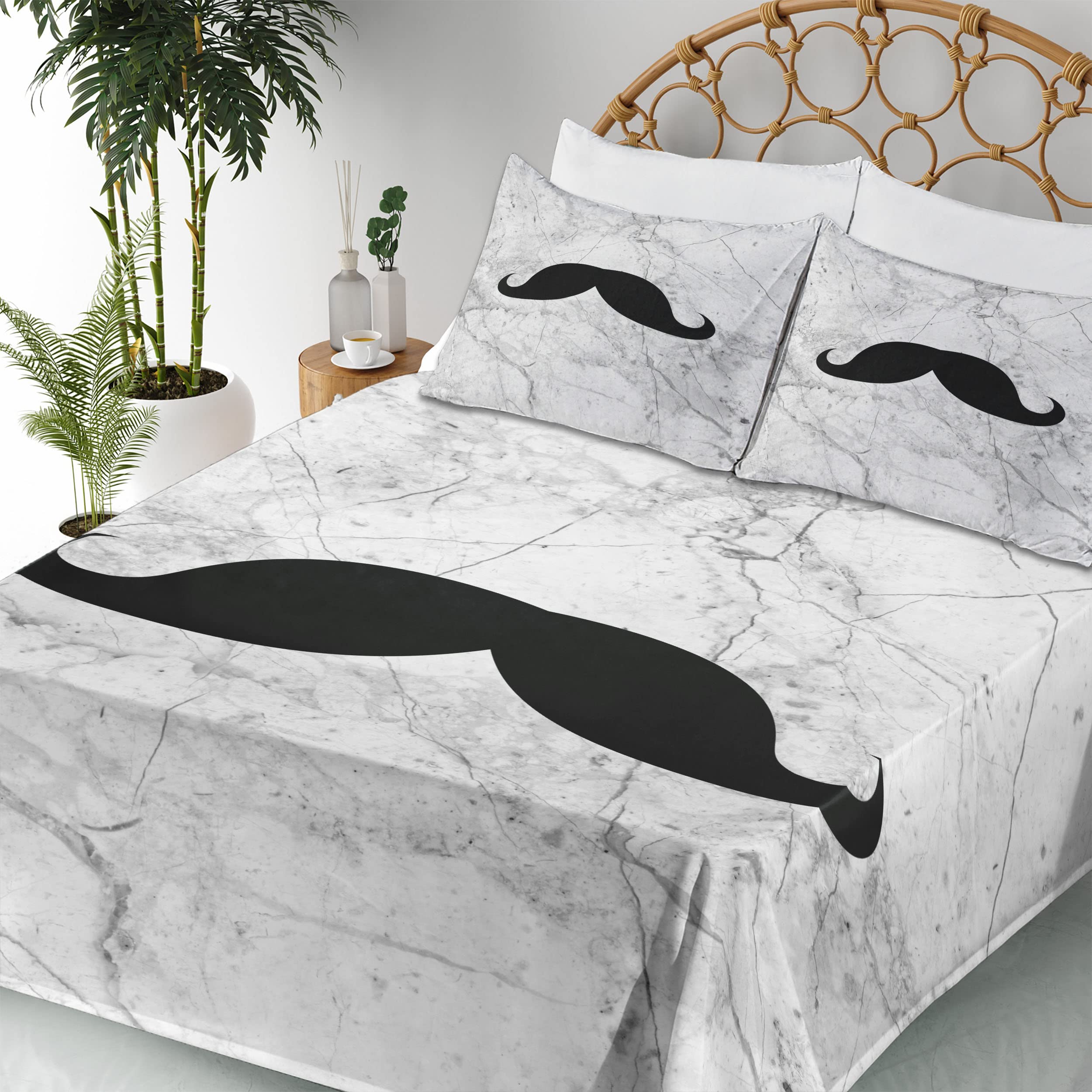 Ambesonne Men's Retro Mustache Bed Sheet Set - 3 Piece Twin XL, Grey Black White Marble Print, Fitted & Flat Sheets with Pillowcase | Durable Cotton Blend for Modern Bedroom, Guest Room & College Dorm Decor