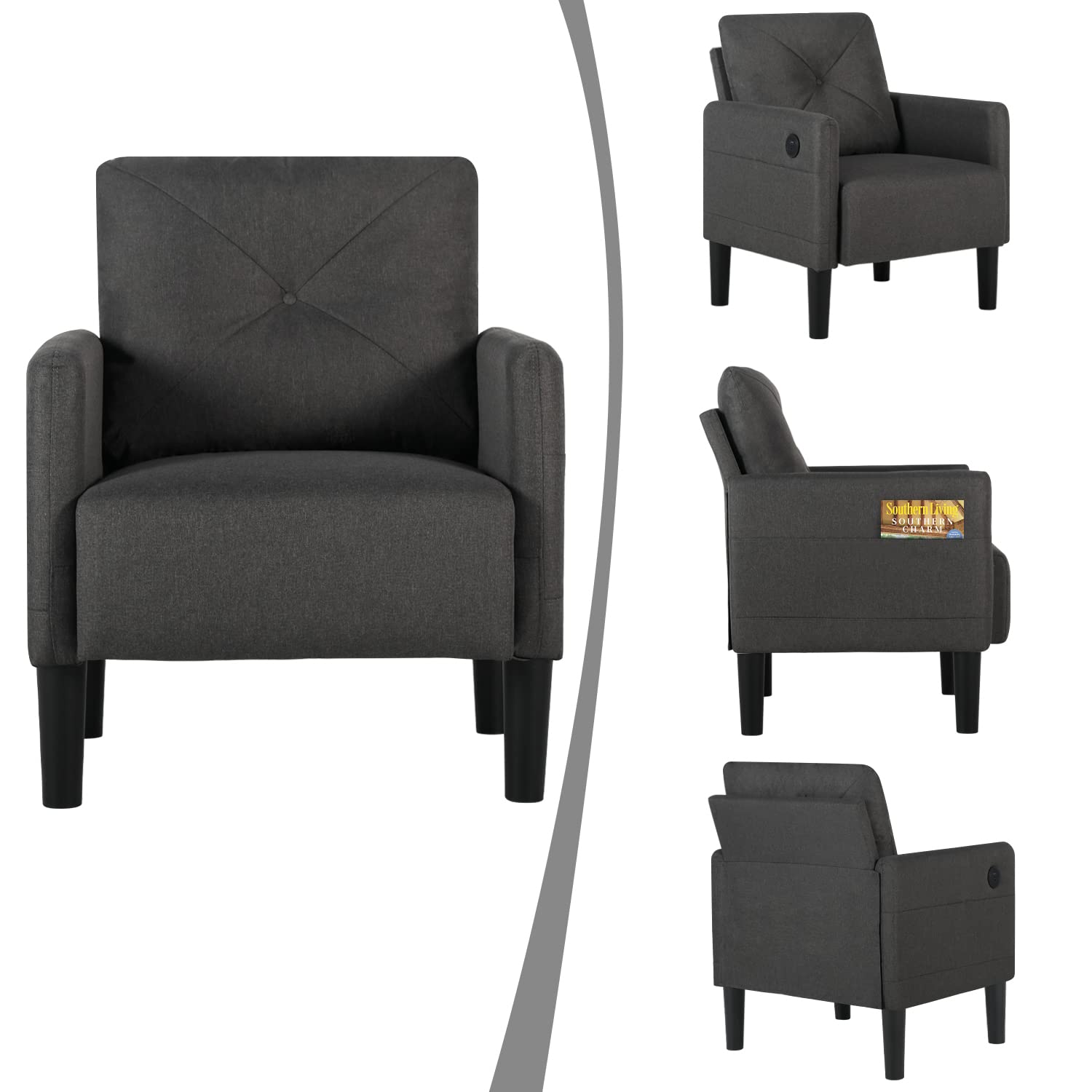 YIGOBUY 2-Piece Linen Fabric Accent Chair Set with USB Charging Ports - Comfy Armchair for Living Room, Bedroom, Office & Reading - Modern Single Sofa Chair for Home Decor & Relaxation - Perfect for Small Spaces, Apartments & Cozy Corners
