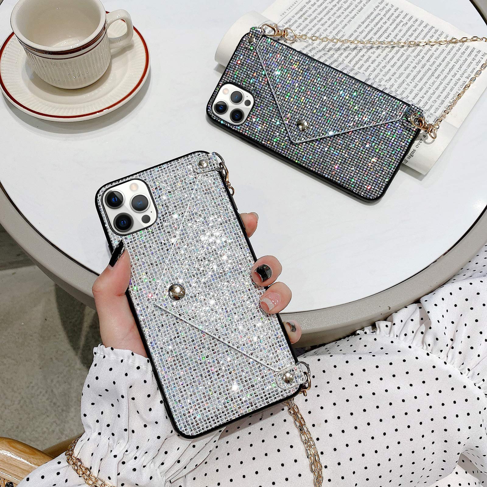 Omorro Sparkling Glitter Diamond & Sequins Hard PC Protective Phone Case with Crossbody Chain for iPhone 13 Pro Max - Stylish Black Cover for Women, Parties, Night Out & Special Occasions