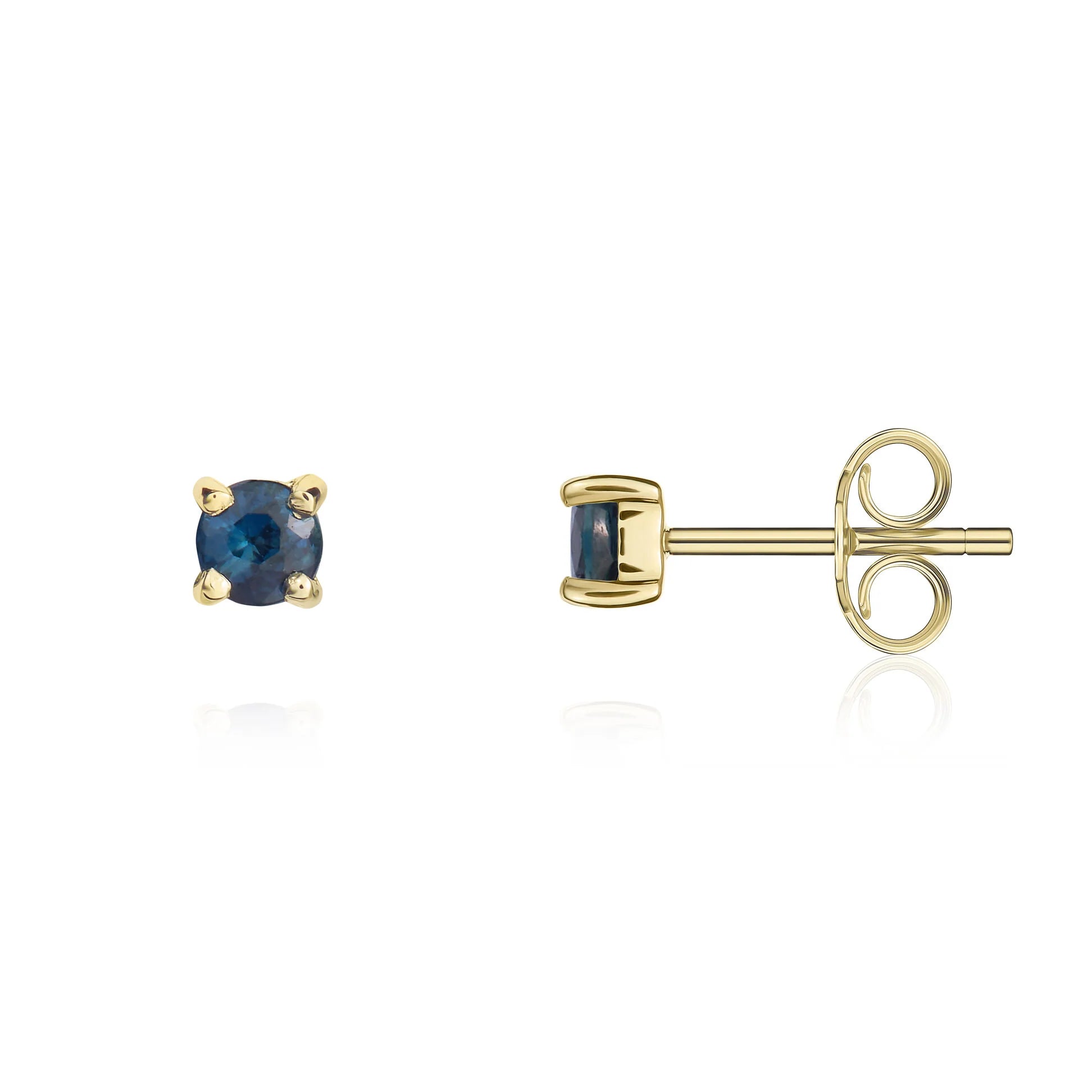 9ct Yellow Gold Sapphire 3mm Round 4 Claw Stud Earrings for Women - Dainty Blue Gemstone Jewelry for Everyday Wear & Special Occasions