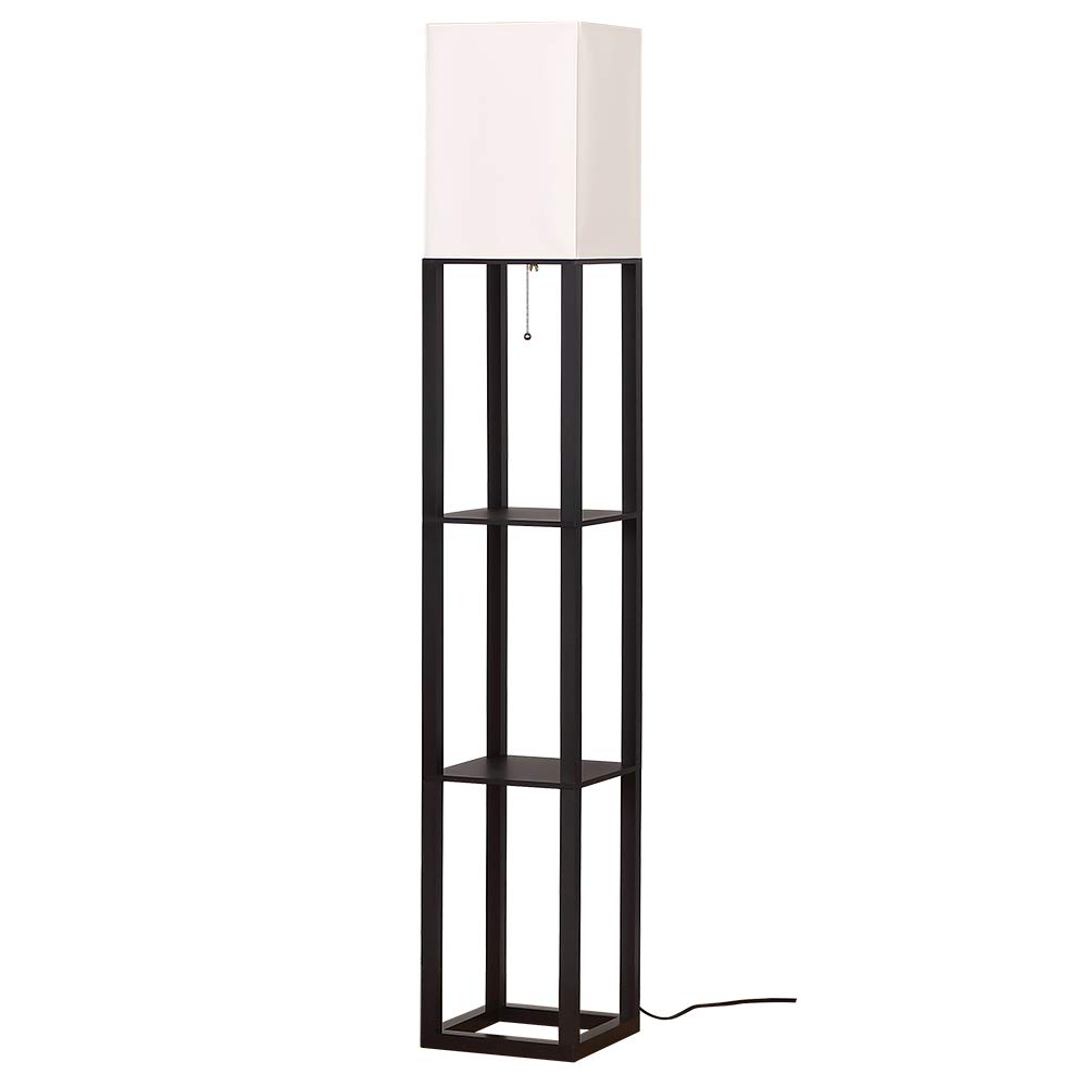 HomeFocus - Modern LED Shelf Floor Lamp with Display Shelves, White Linen Shade & Wooden Base in Black - Perfect for Living Room, Bedroom, or Office Lighting & Decor