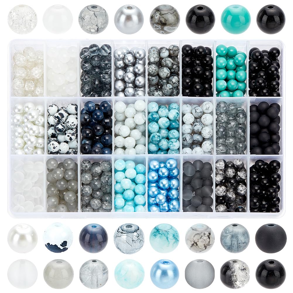 1080pcs 8mm Glass Beads - 24 Color Round Marble Loose Beads for Jewelry Making, Bracelets, Earrings & Necklaces - Crystal Spacers for DIY Crafts, Halloween, Eid Mubarak & Ramadan Decorations - Perfect for Gift Wrapping, Party Favors & Home Decor