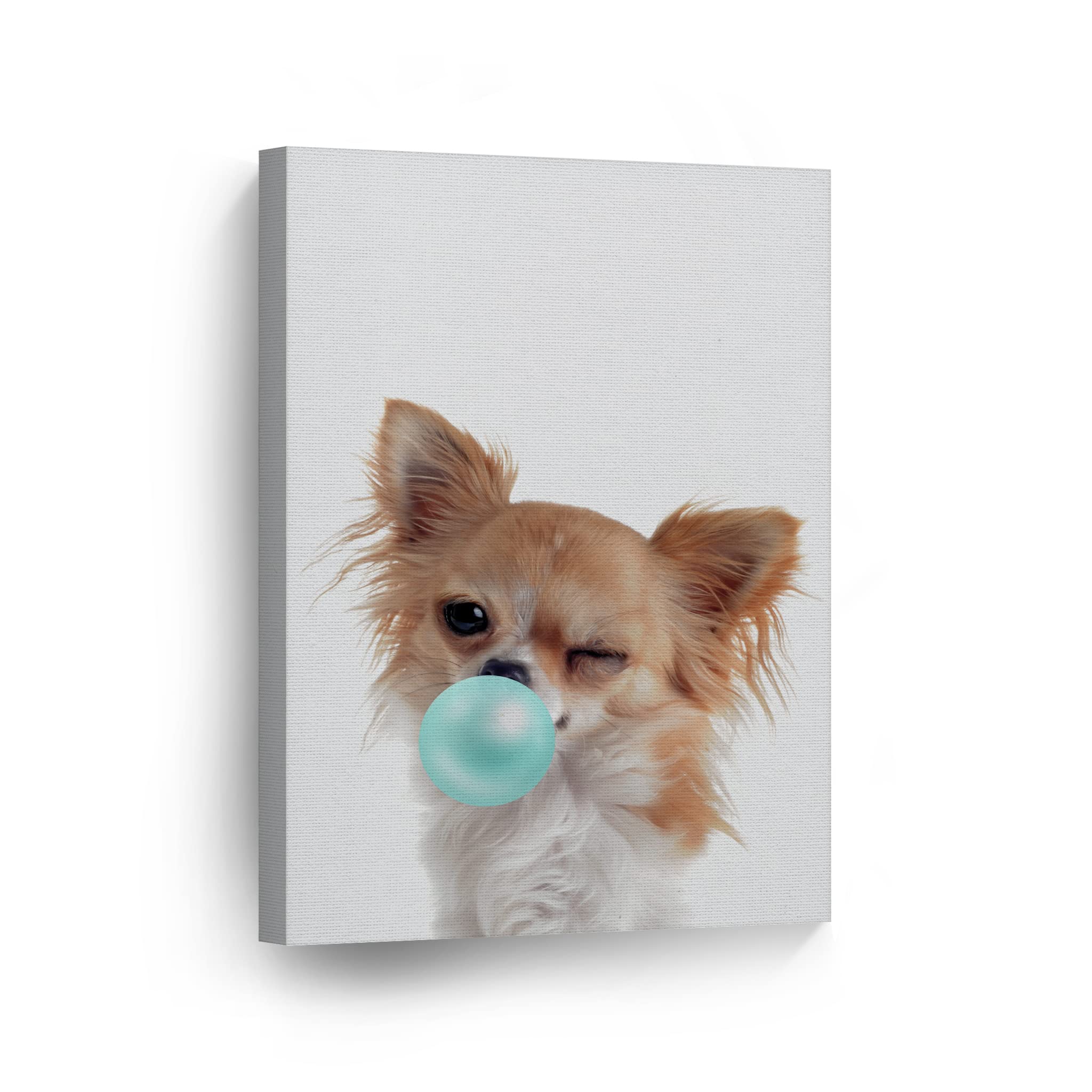 Chihuahua Dog Chewing Teal Blue Bubble Gum - Pop Art Canvas Wall Print - 36x24 - Perfect for Pet Lover Gifts, Office Decor, Living Room, Bedroom & Nursery Room - Funny Animal Art for Home & Kids Room Decoration