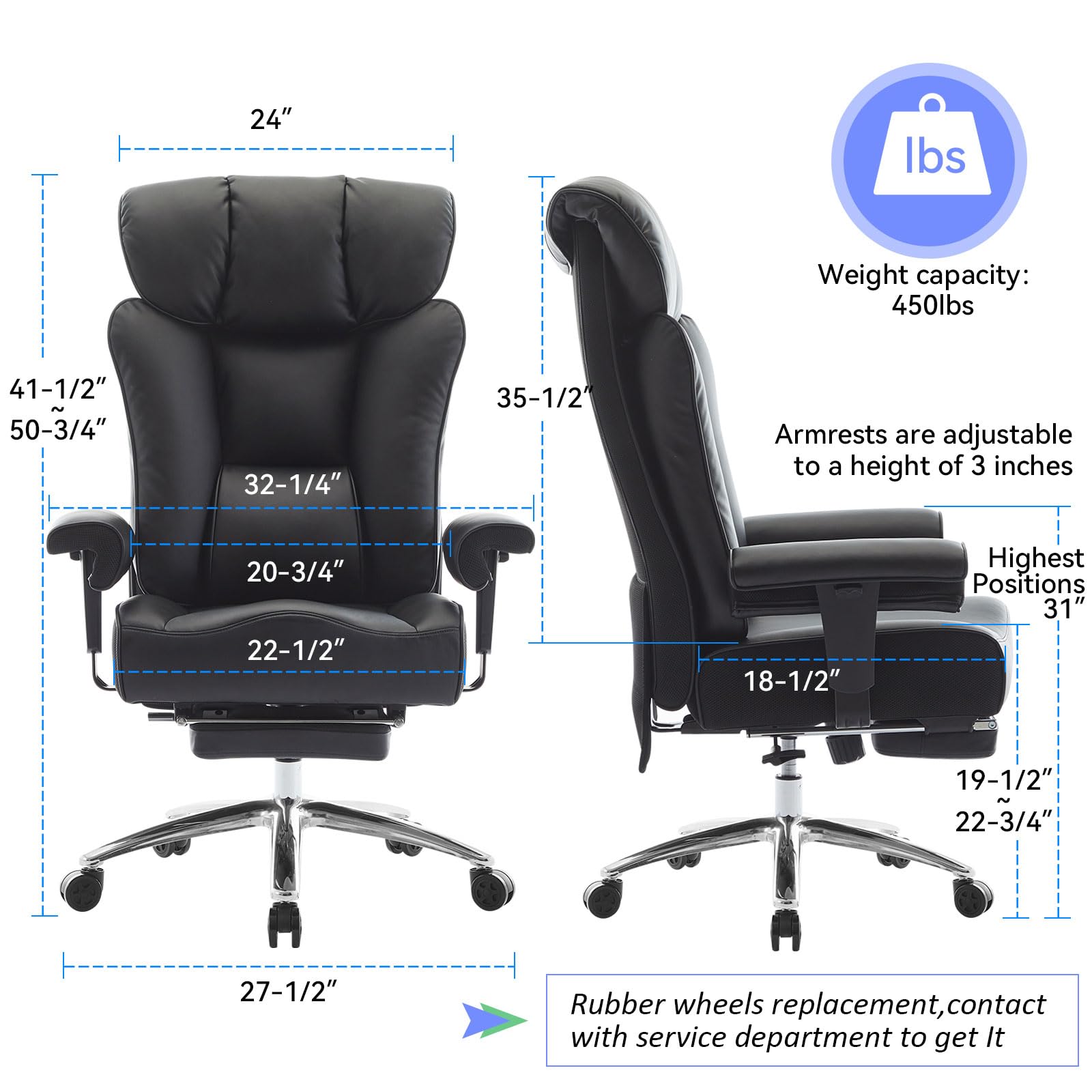 Efomao Big and Tall Office Chair 450lbs - Heavy Duty Ergonomic Executive Computer Chair with Footrest & High Back Support - PU Leather Black Large Office Chair for Home & Business Use