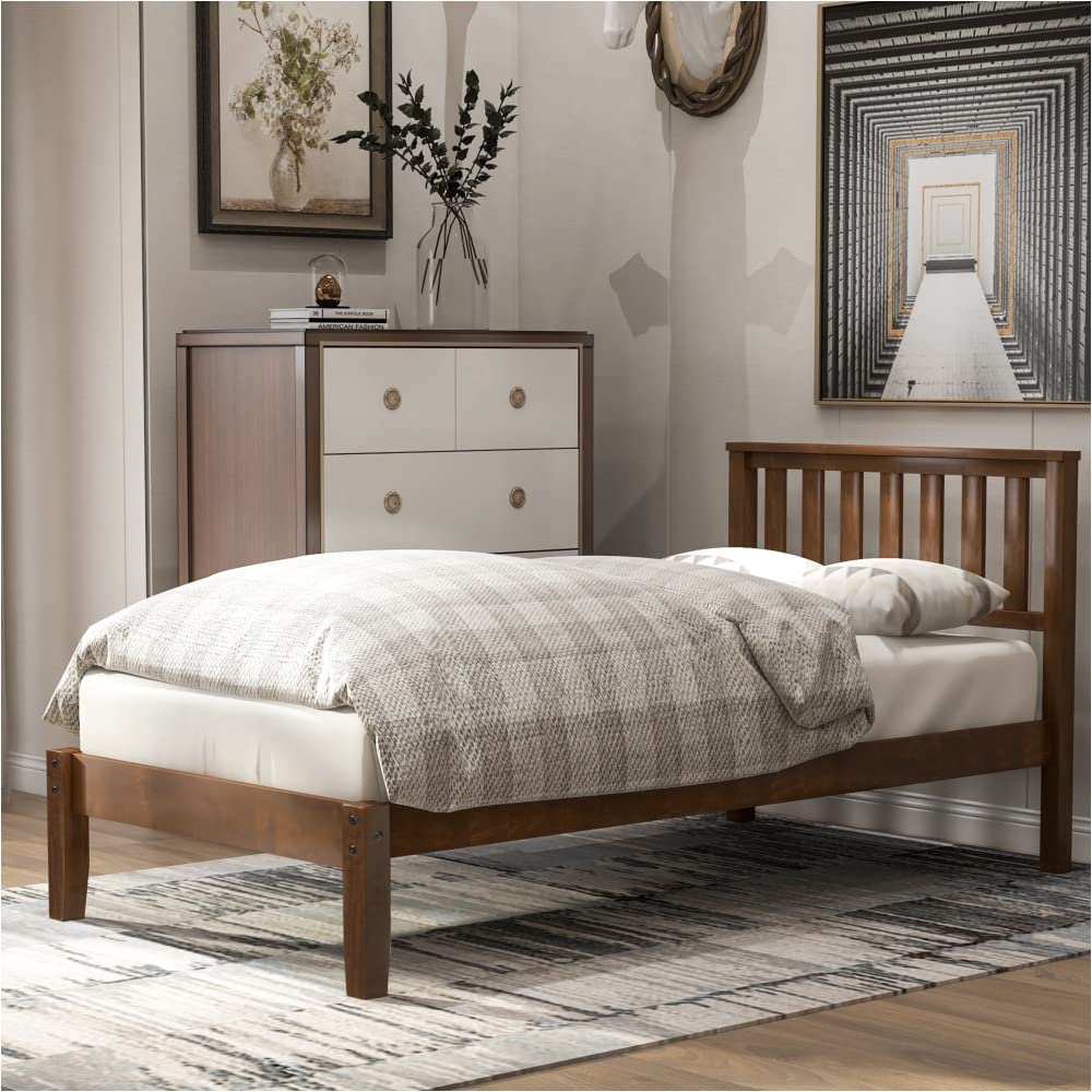 HuaZo Solid Wood Platform Bed Frame with Headboard - Twin Size, Walnut Finish - Sturdy Wood Slat Support for Mattress - Perfect for Modern Bedrooms, Guest Rooms & Dormitories