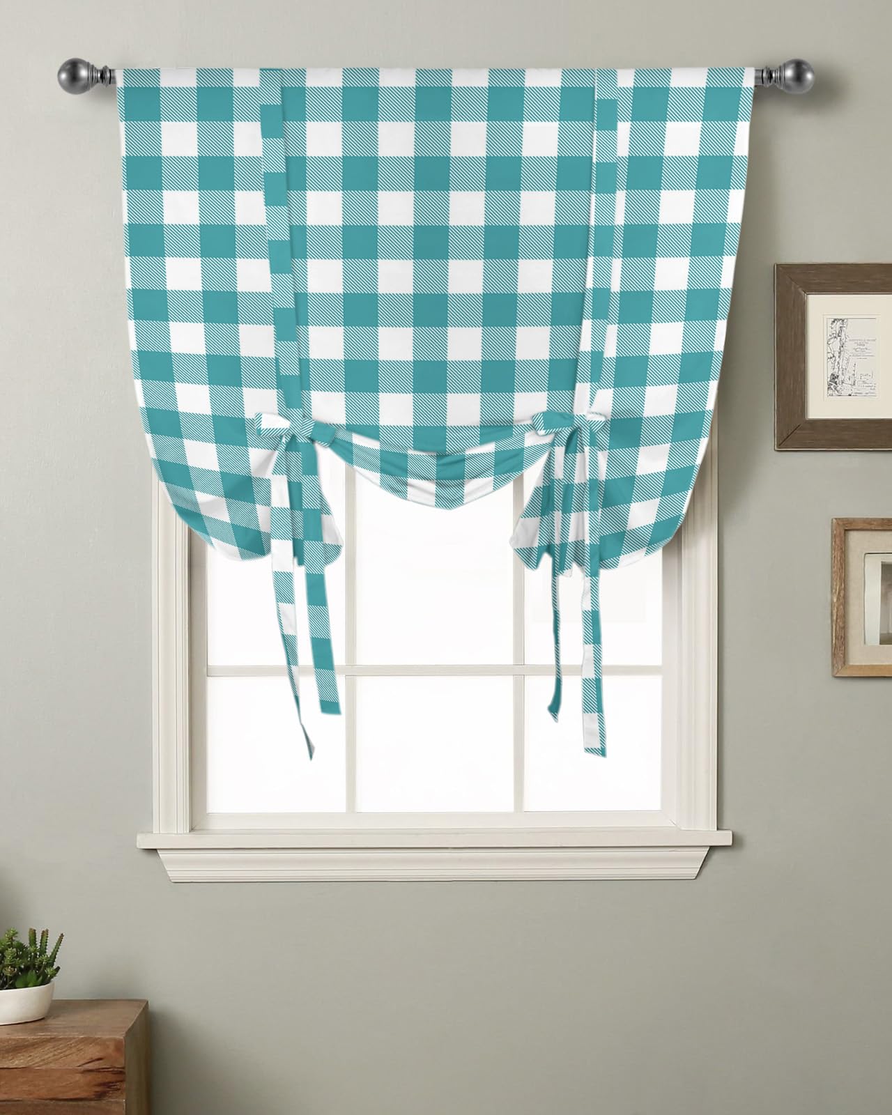 Farmhouse Style Teal Green Buffalo Check Plaid Tie Up Kitchen Curtains - Adjustable Window Shade with Rod Pocket for Small Windows (46