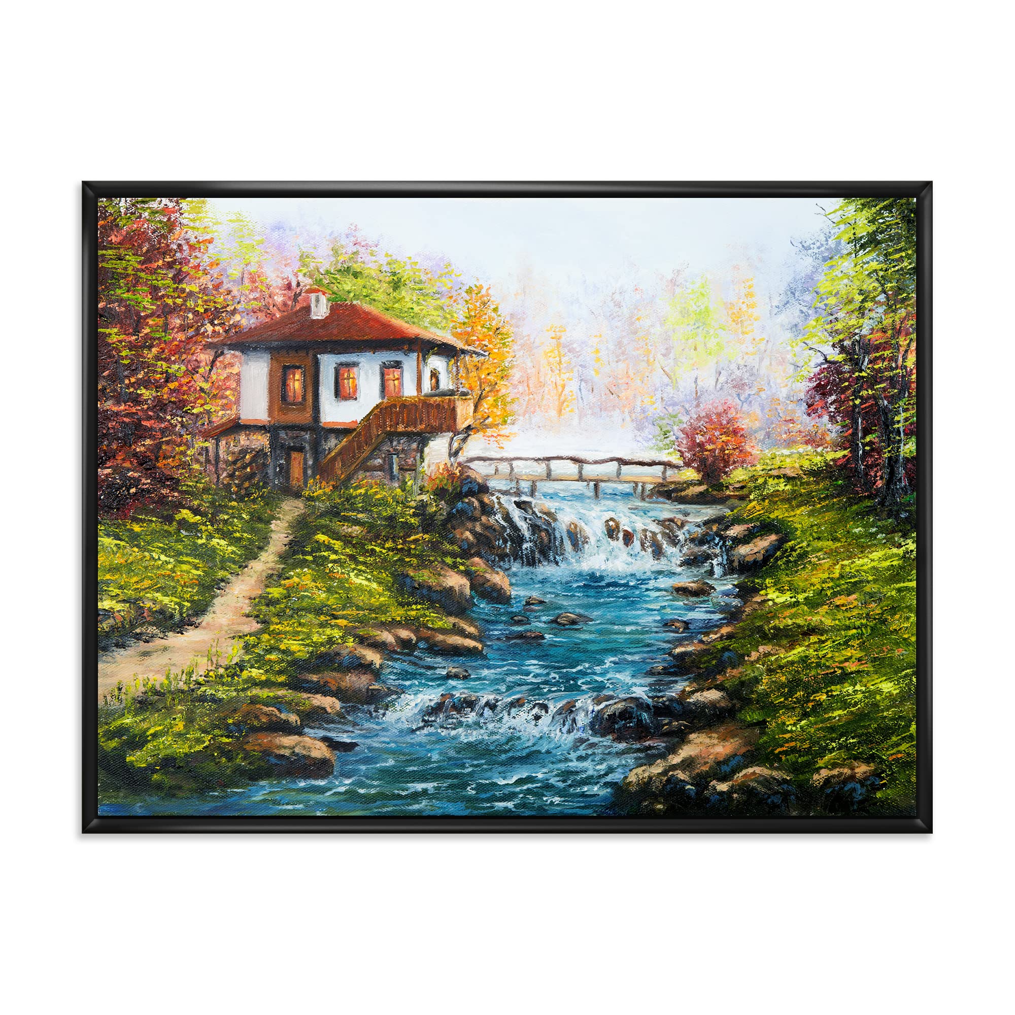 Traditional Bulgarian House and River - Lake House Framed Canvas Wall Art Print | Home Decor for Living Room, Bedroom & Office | Scenic Landscape Painting for Rustic & Farmhouse Style