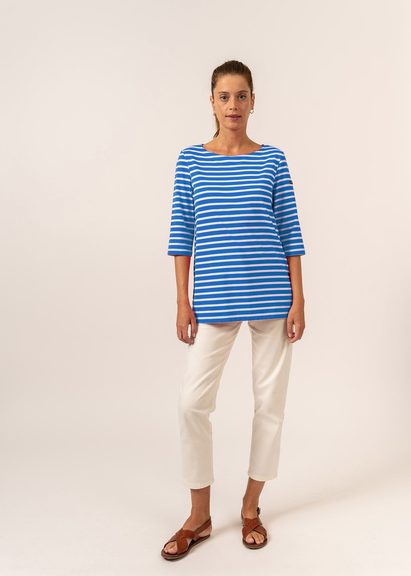PHARE Women's Boat Neck Striped Tunic Top with Side Slits | Stretch UV Protection Fabric | MER BLUE/WHITE | Casual Summer Beachwear & Vacation Outfit