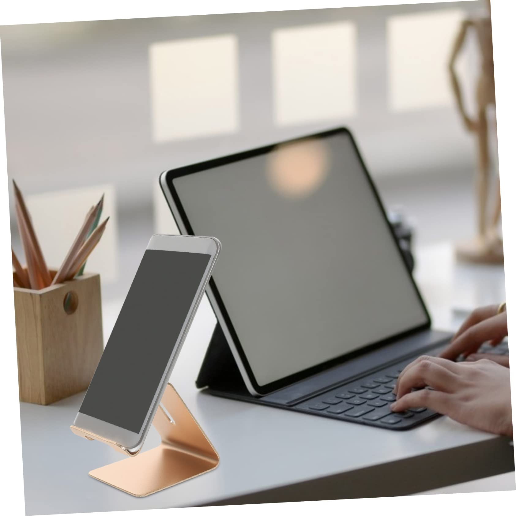 Aluminum Universal Tabletop Phone Stand Holder - Adjustable Phone Bracket for Cell Phone, Tablet, and Computer - Perfect for Desk, Kitchen, and Video Calls