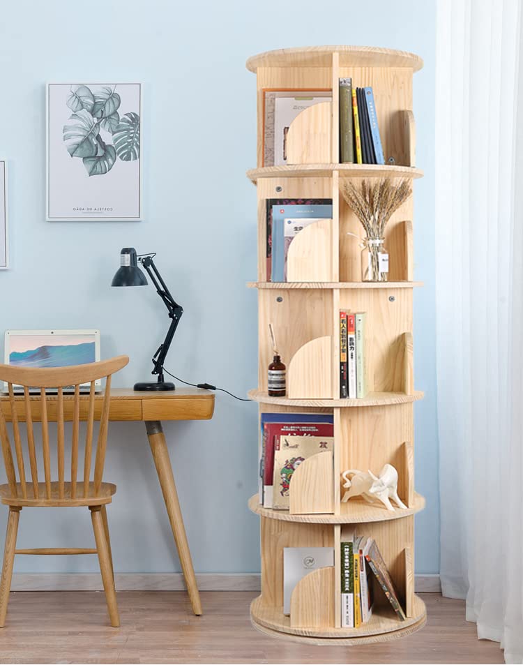 360° Rotating 5-Tier Bookshelf - Wooden Floor Standing Bookcase Storage Organizer for Kids & Adults (63