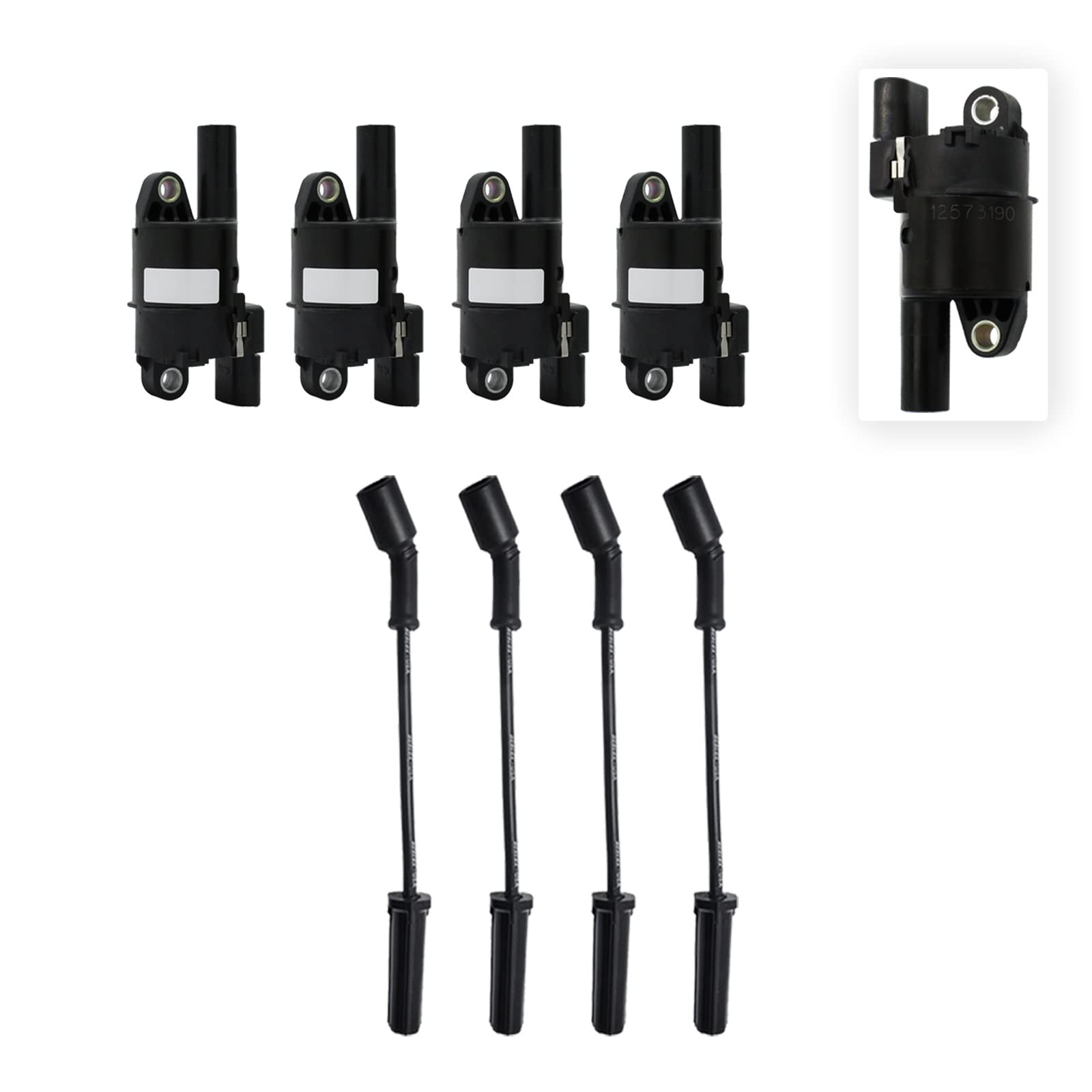 4 GM 12573190 Ignition Coils & 4 Herlux Spark Plug Wires with Heat Shield - Compatible with Chevy, GMC, Buick, Cadillac Vehicles - Perfect for Engine Tune-Ups & Performance Upgrades
