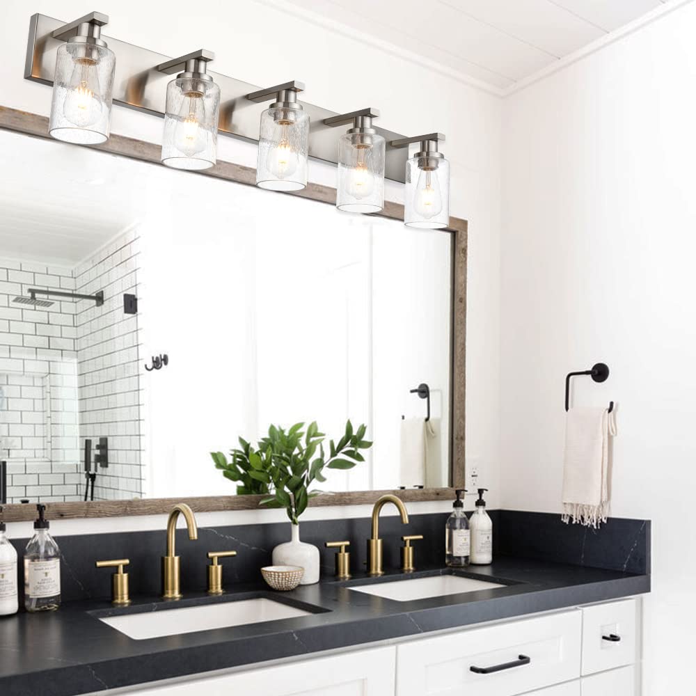 Brushed Nickel Vanity Light Fixture with 5 Seeded Glass Shades - Modern Bathroom Mirror Lighting for Vanity, Kitchen & Living Room - Perfect for Makeup, Shaving & Ambient Decor