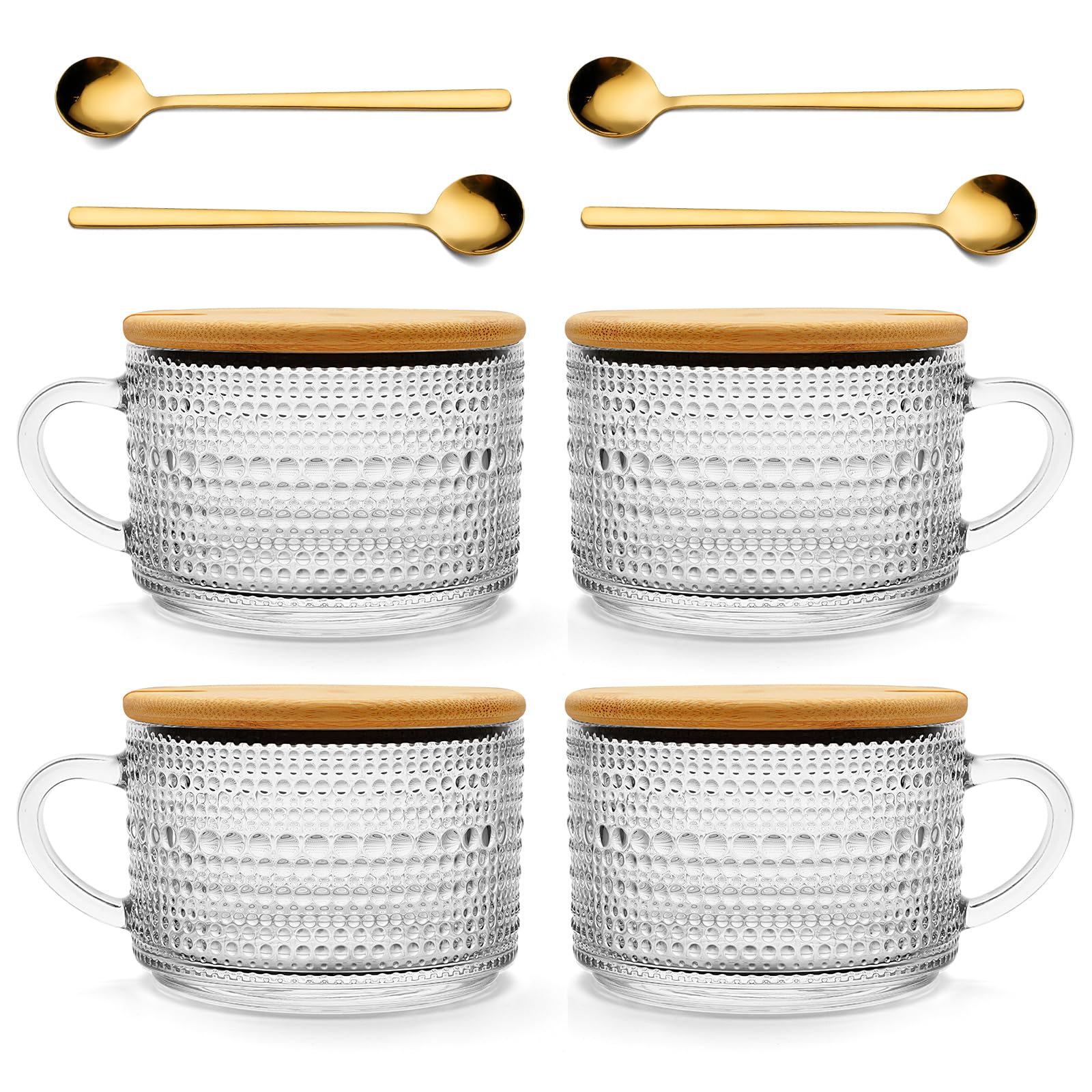Vintage Glass Coffee Mugs Set of 4 - 14oz Clear Embossed Drinking Cups with Bamboo Lids & Spoons - Perfect for Overnight Oats, Tea, Iced Coffee - Ideal Gift for Women, Home & Office Use