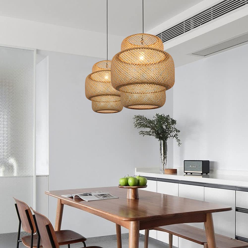Hand-Woven Bamboo Rattan Chandelier Lamp - Natural Wicker Table Top & Ceiling Light with E27 Socket - Adjustable for Restaurants, Coffee Shops, Hotels & Home Decor