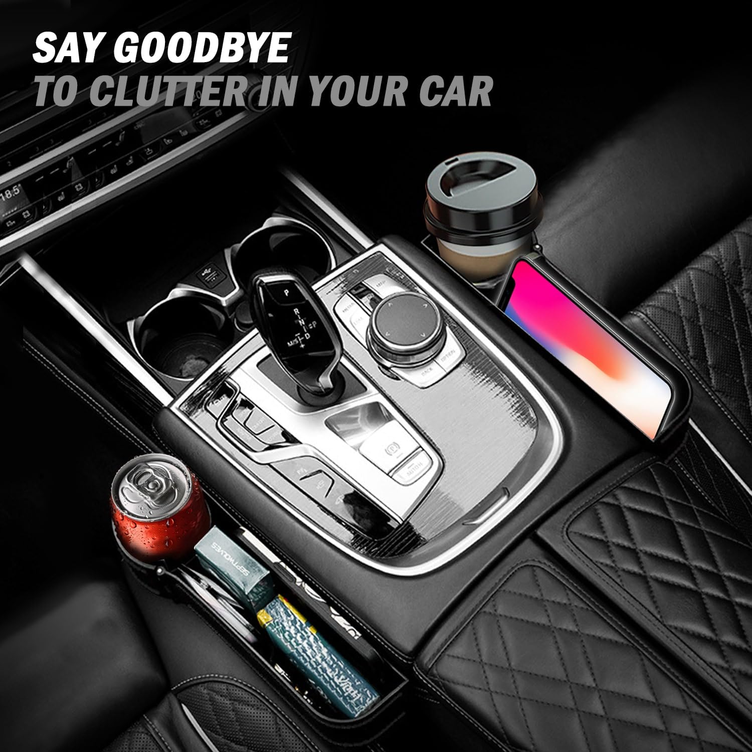 2 Pack Car Seat Gap Filler Organizer with Adjustable Cup Holder - Universal Car Storage Box for Phone, Glasses & Small Items - Perfect for Road Trips, Commuting & Keeping Your Car Neat