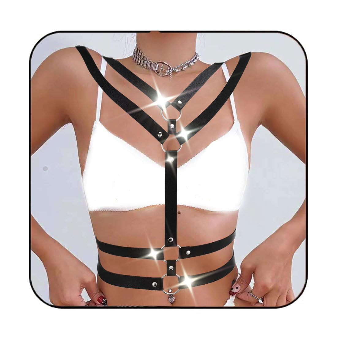 Flovel Punk Body Chain - Black Leather Chest Chains Belt for Women & Girls | Gothic Rave Layered Body Jewelry | Perfect for Music Festivals, Parties & Fashion Accessories