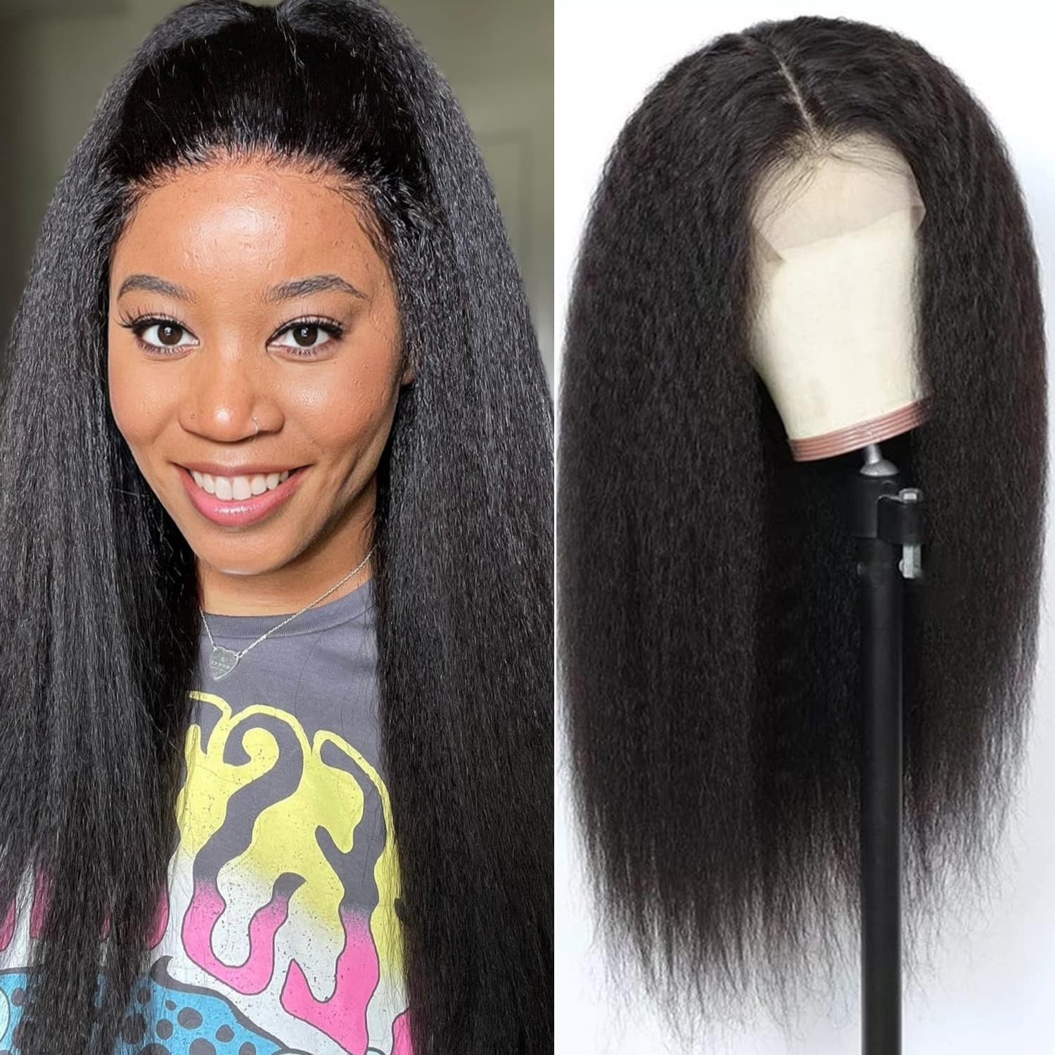 ZIYU 20 Inch Kinky Straight Human Hair Wig for Women - 180% Density Yaki Straight 13x4 Lace Front Wig with Pre Plucked Hairline & Baby Hair (Natural Black) | Perfect for Daily Wear, Cosplay & Special Occasions