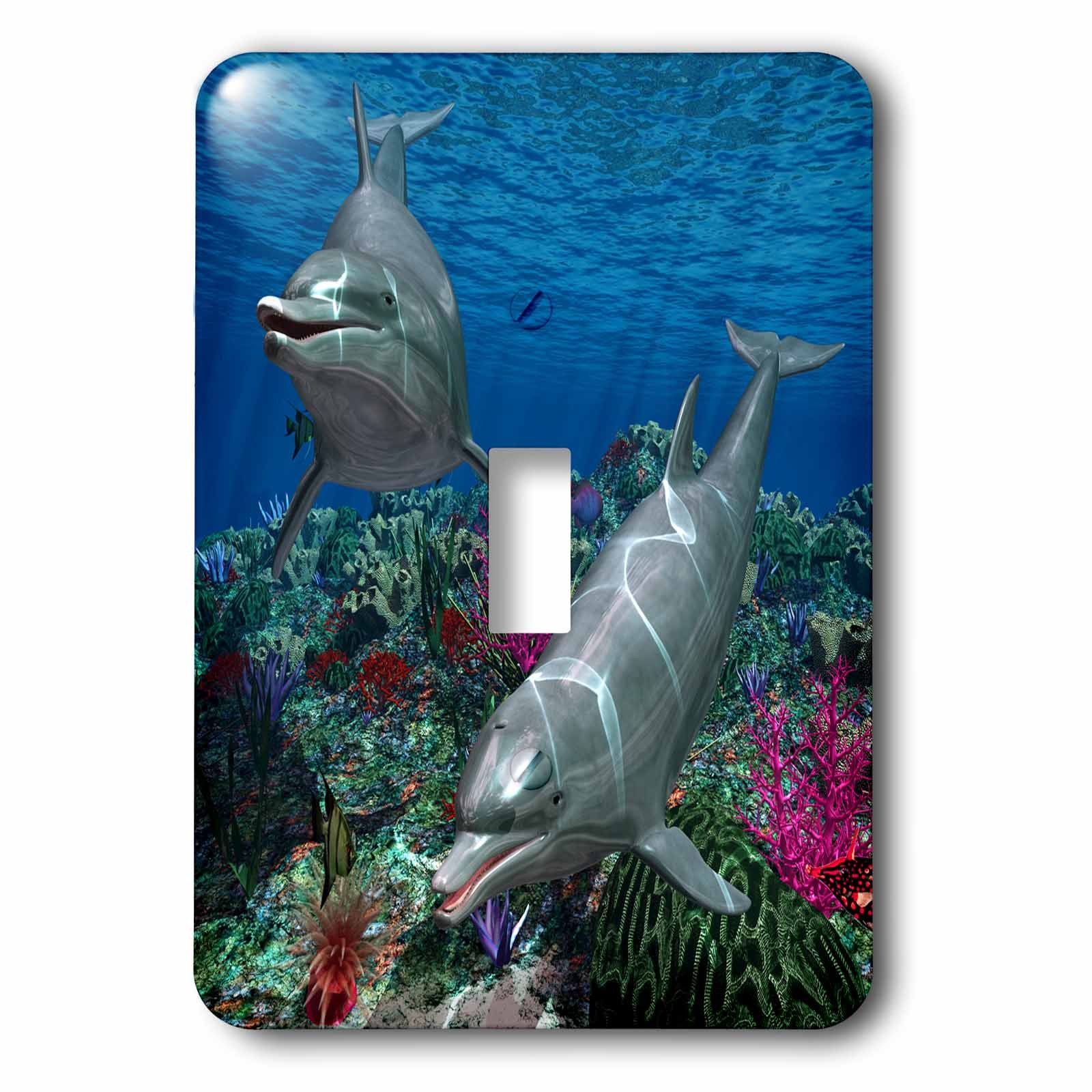 3D Light Switch Cover - Two Cute Dolphins Swimming in Ocean Undersea Scene | Waterproof & Durable | Perfect for Bathroom, Kids Room & Beach House Decor