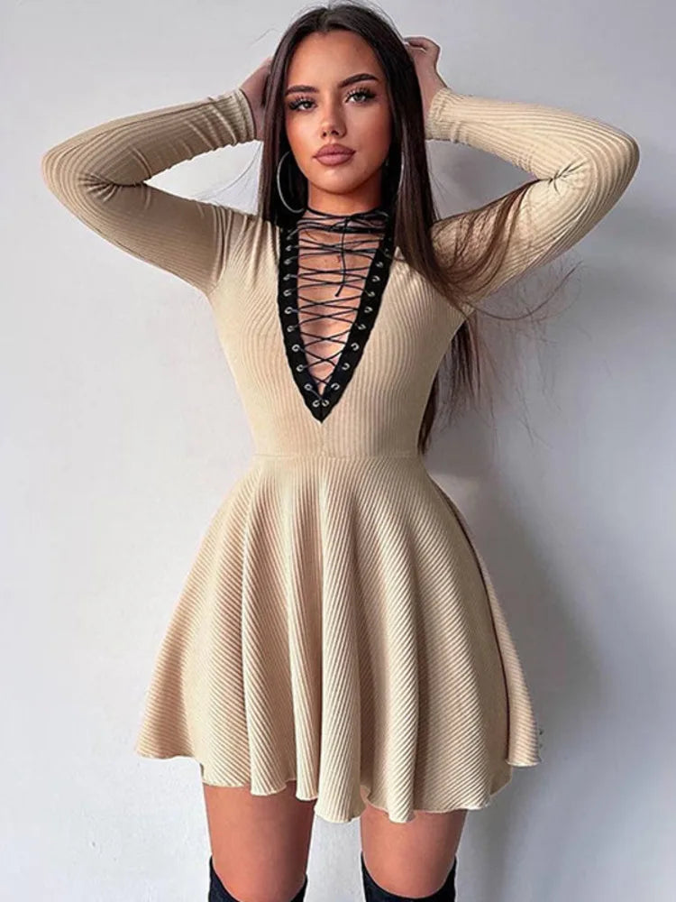 Sexy Deep V Neck Long Sleeve Lace Up Waist Wrap Dress for Women - Elegant Hollow Out Evening Party Dress for Fall Winter - Perfect for Cocktail Parties, Date Nights & Formal Occasions
