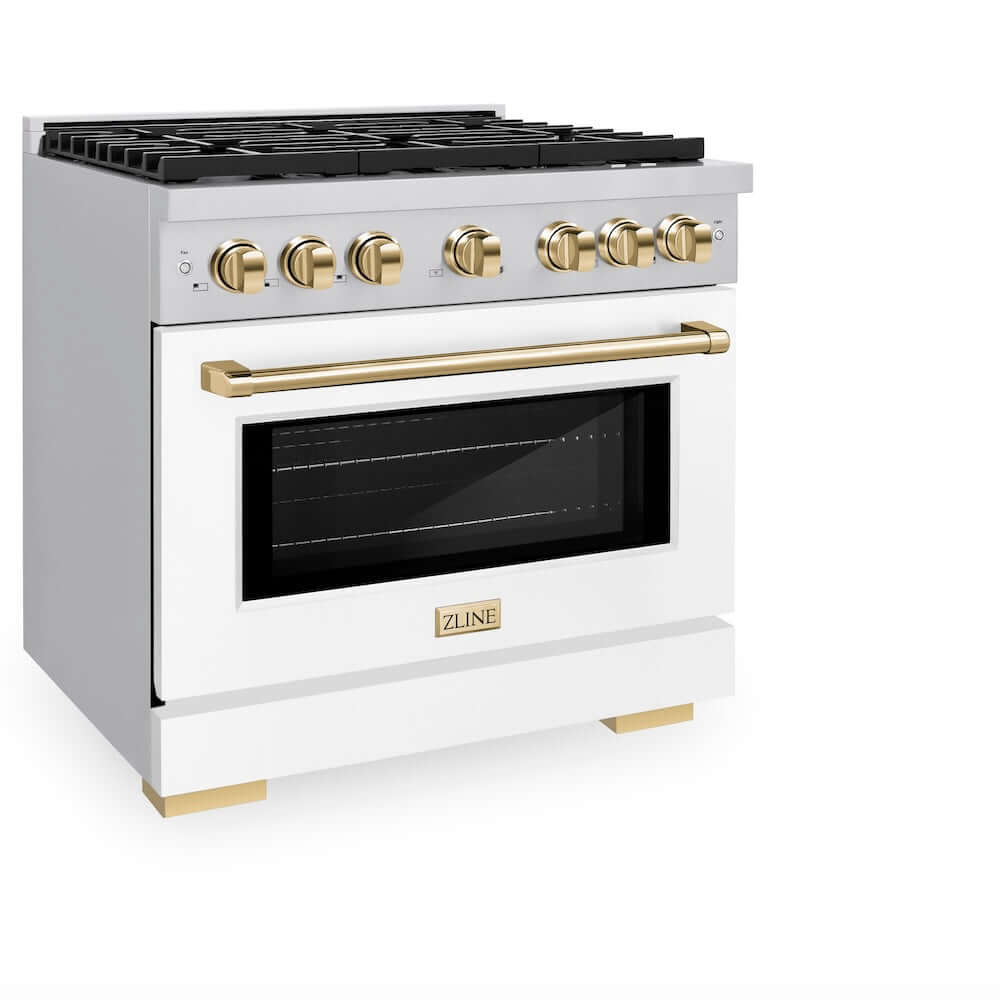 ZLINE Autograph Edition 36-inch 5.2 cu. ft. Stainless Steel Gas Range with 6 Burner Cooktop, Convection Oven, White Matte Door & Gold Accents - Perfect for Modern Kitchens & Professional Chefs (SGRZ WM 36 G)