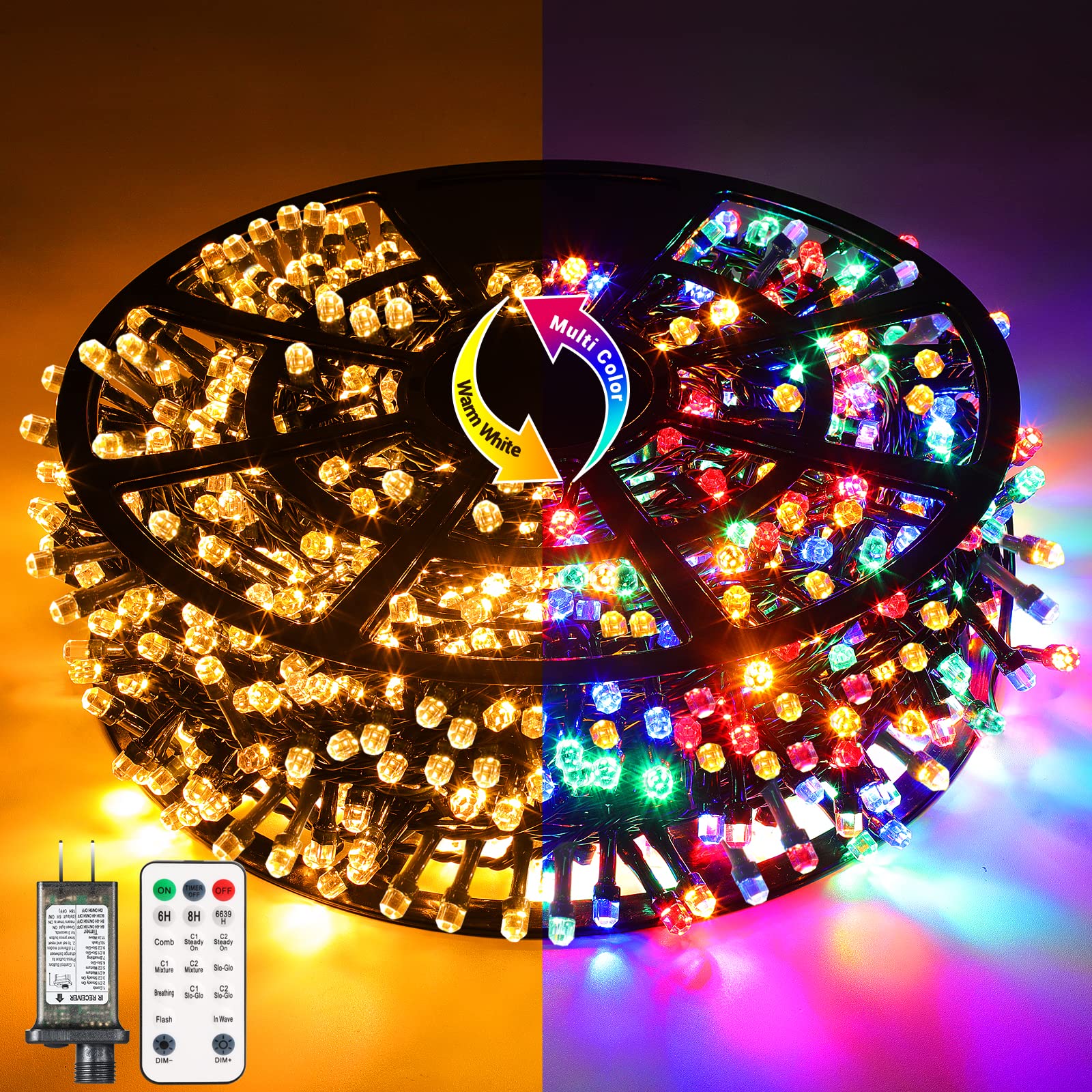 Quntis 164FT 1000 LED Waterproof Outdoor Christmas Lights - 11 Lighting Modes with Remote Control, Multicolor & Warm White Dimmable String Lights for Xmas Tree - Plug-in with Timer & Memory Function - Perfect for Holiday Decorations, Indoor/Outdoor Parties, and Festive Home Lighting