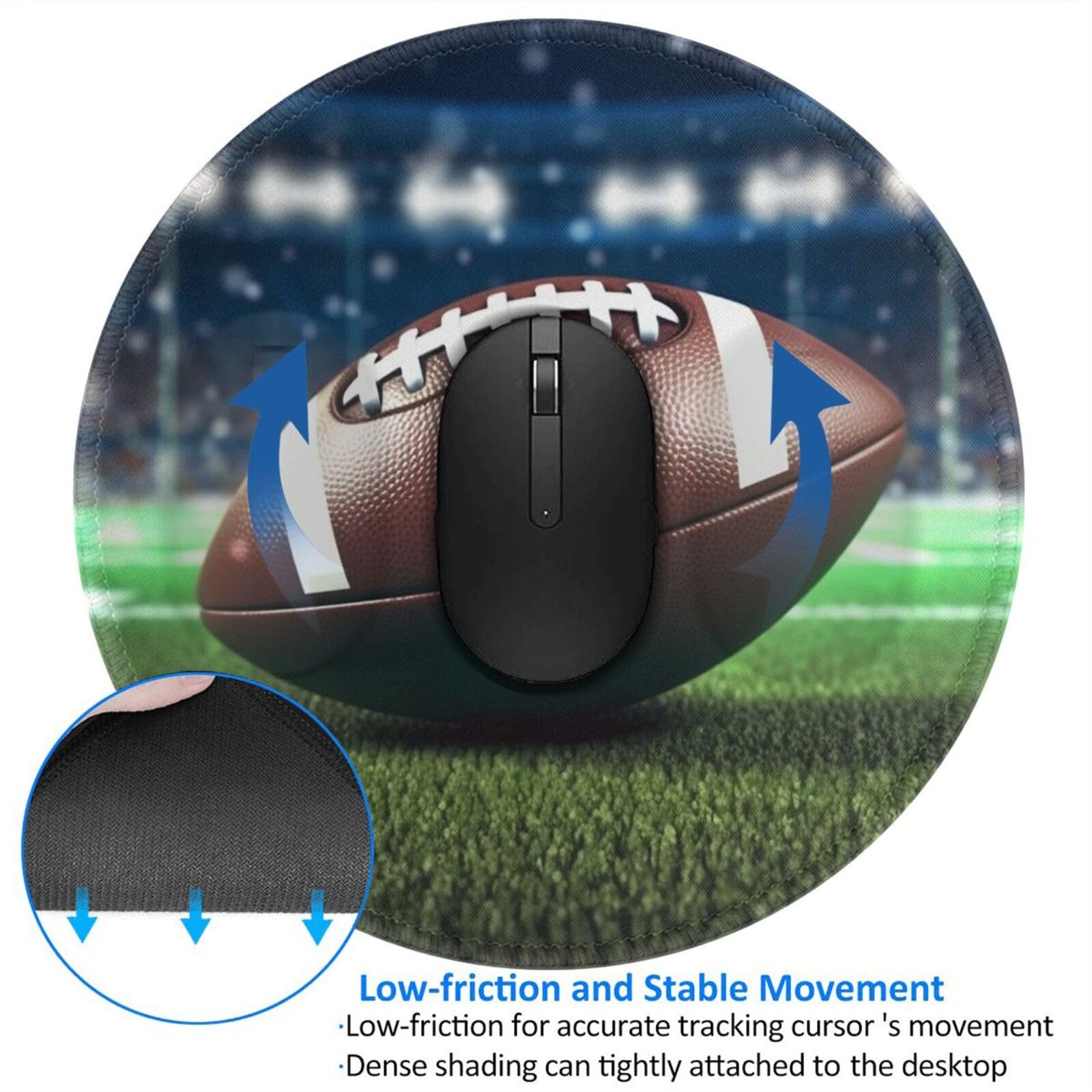 Non-Slip Rubber Base Round Mouse Pad with Stitched Edge - Perfect for Office, Gaming & Wireless Mouse - American Football Design Computer Desk Mat for Work & PC Gaming