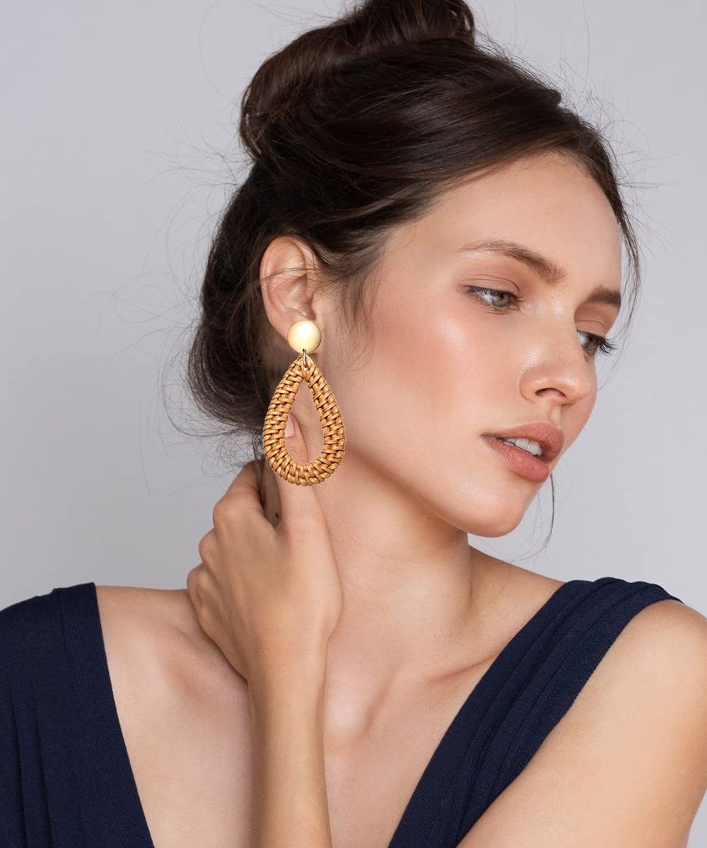 Boho Rattan Ball Hoop Earrings for Women - Handmade Summer Beach Dangle Earrings Set, Statement Straw Wicker Jewelry - Perfect for Vacation, Festival, and Boho Fashion Accessories