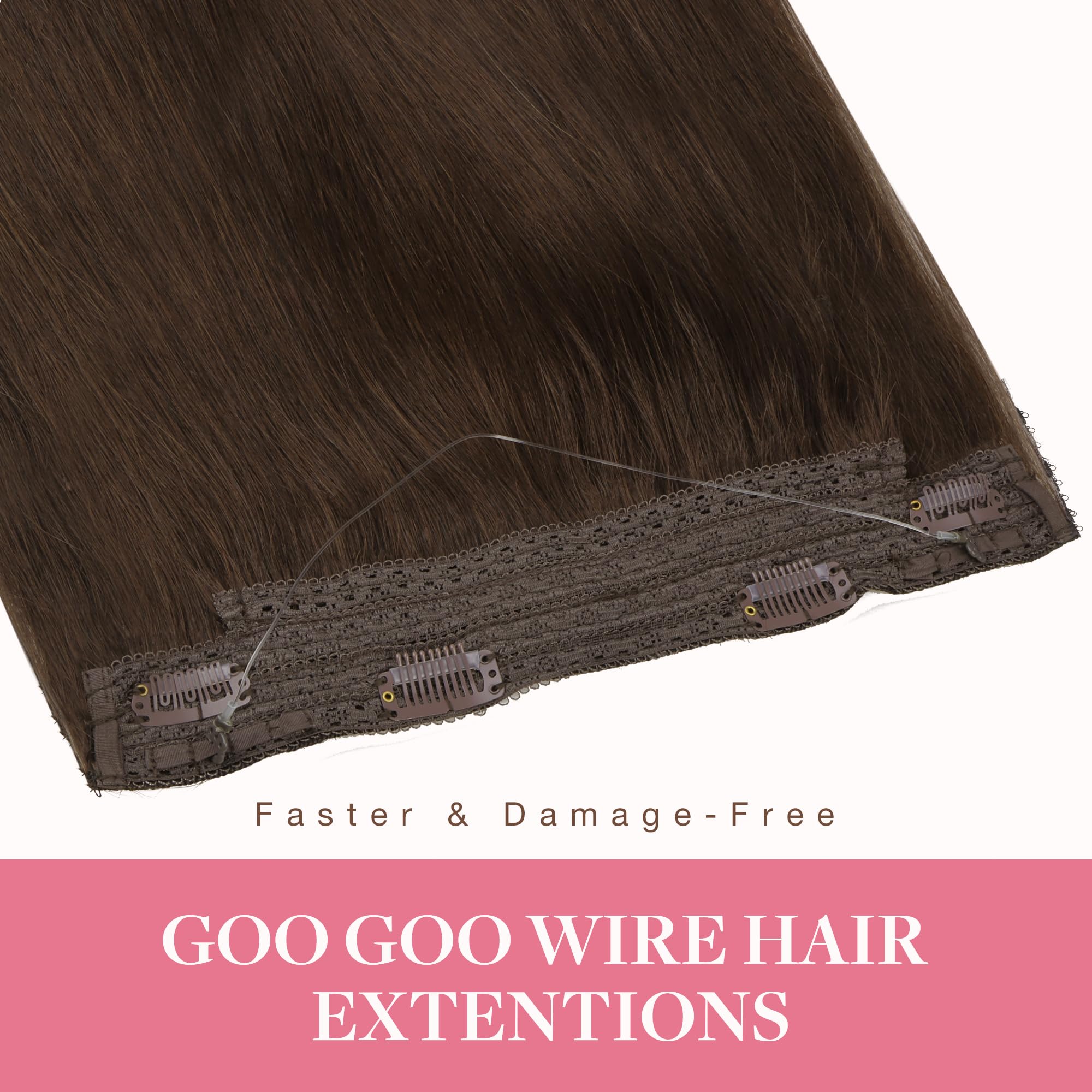 GOO GOO 20Inch 110g 4A Chocolate Brown Human Hair Extensions with Invisible Wire - Seamless Transparent Fish Line Hairpiece for Natural Look - Perfect for Parties, Weddings & Daily Styling