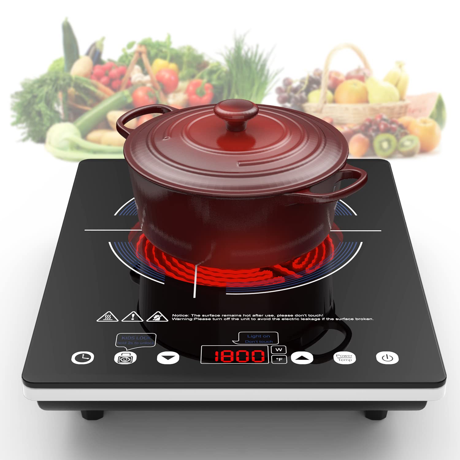 VBGK 1800W Portable Induction Cooktop - 110V Electric Stove Top with LED Touch Control, 9 Power Levels, Child Lock & Timer, Overheat Protection - Perfect for Dorms, Apartments, RVs & Small Kitchen Cooking