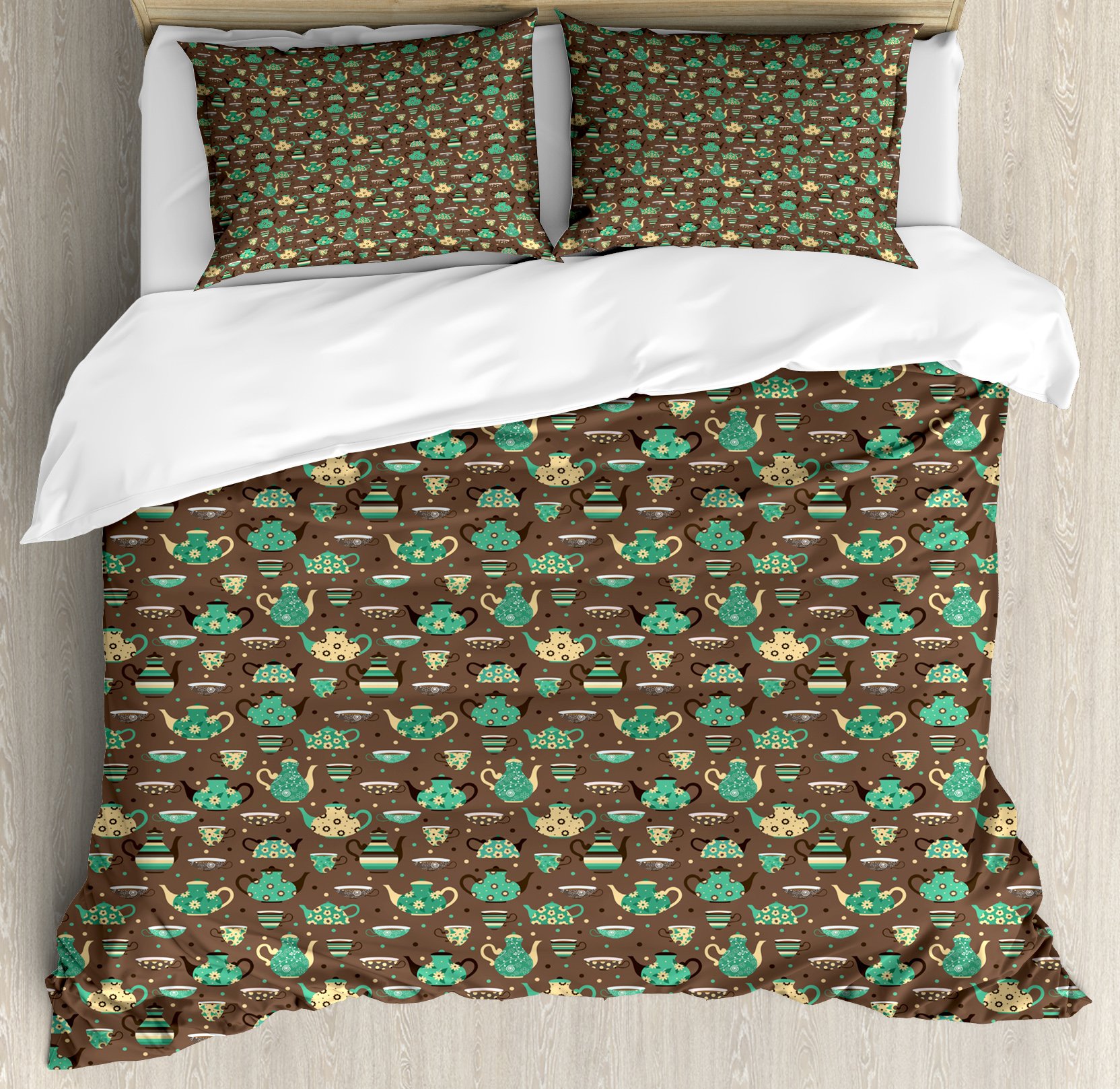 Ambesonne Tea Party Duvet Cover Set - Floral Cup & Teapot Design on Dotted Brown Background, 3-Piece King Size Bedding Set with 2 Pillow Shams in Sea Green, Brown & Beige | Perfect for Vintage-Themed Bedrooms, Guest Rooms & Cozy Tea Lovers' Decor