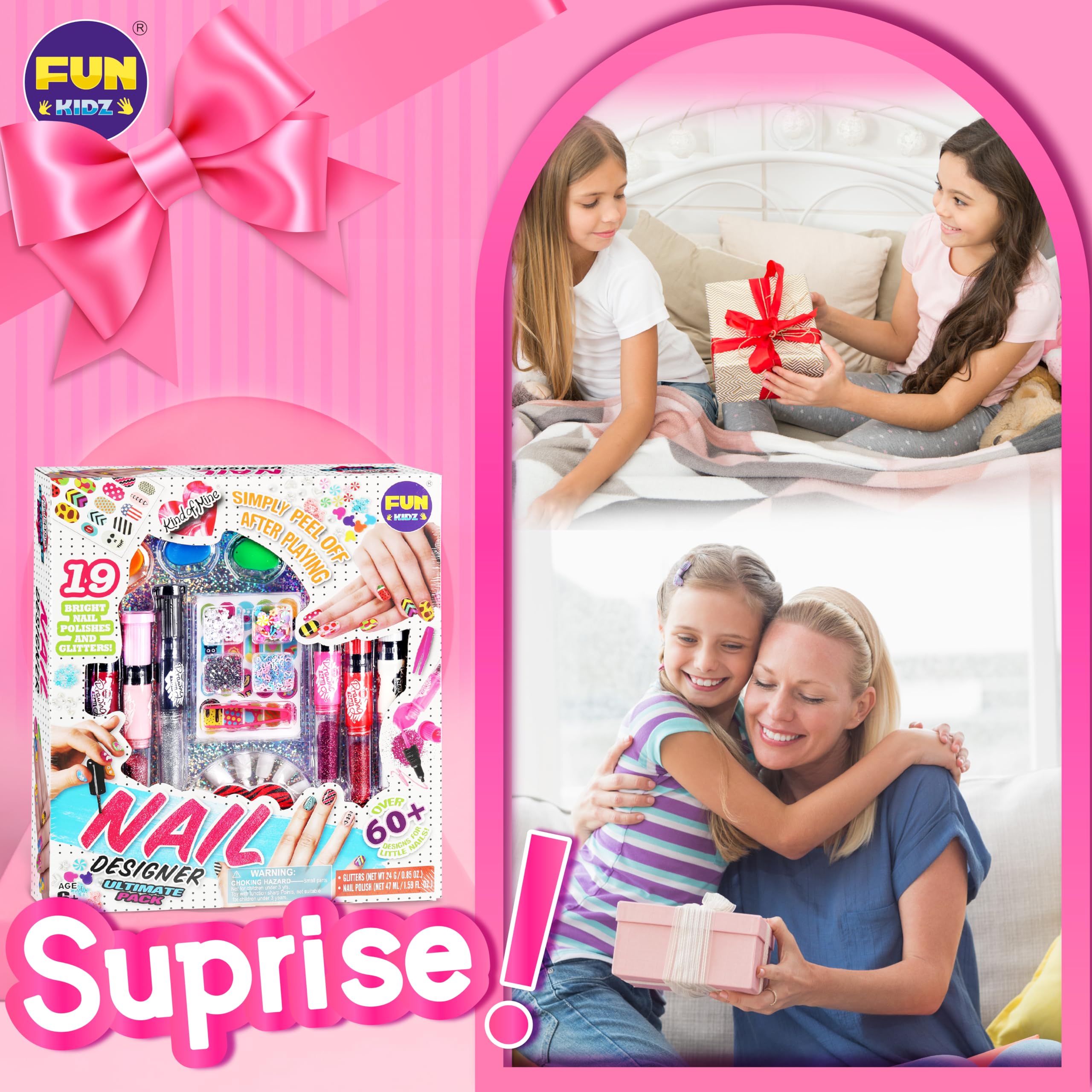 FunKidz Nail Polish Pens Kit for Girls 7-12 - Peelable Nail Art Set with Glitter & Gems for Party & Play