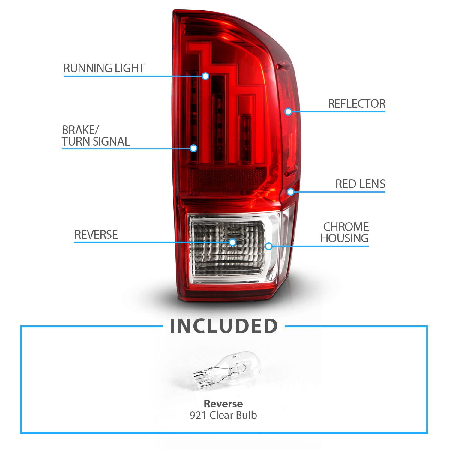 2016-2023 Toyota Tacoma LED Tail Lights - AmeriLite Clear Red Tube Parking Lamp Assembly (Pair) for Enhanced Visibility & Style - Perfect for Night Driving & Off-Road Adventures