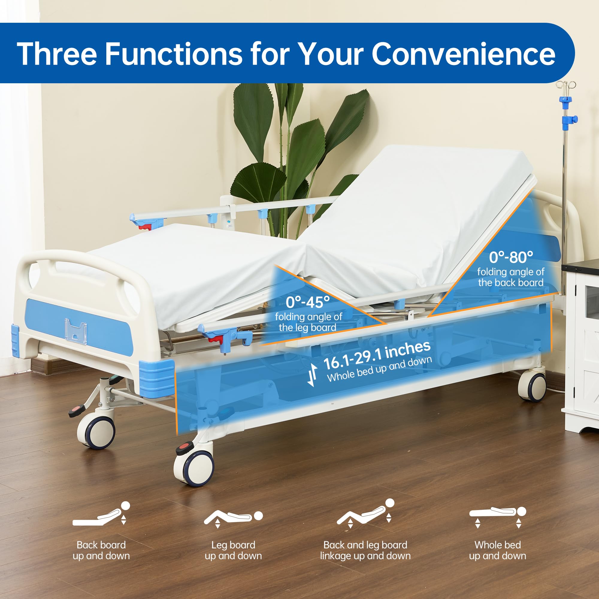 Electric Adjustable Hospital Bed with 3 Functions, 5-Inch Locking Casters - 530LBS Weight Capacity, Includes IV Pole, Bed Tray & Mattress - Ideal for Home Care, Patient Recovery & Medical Facilities