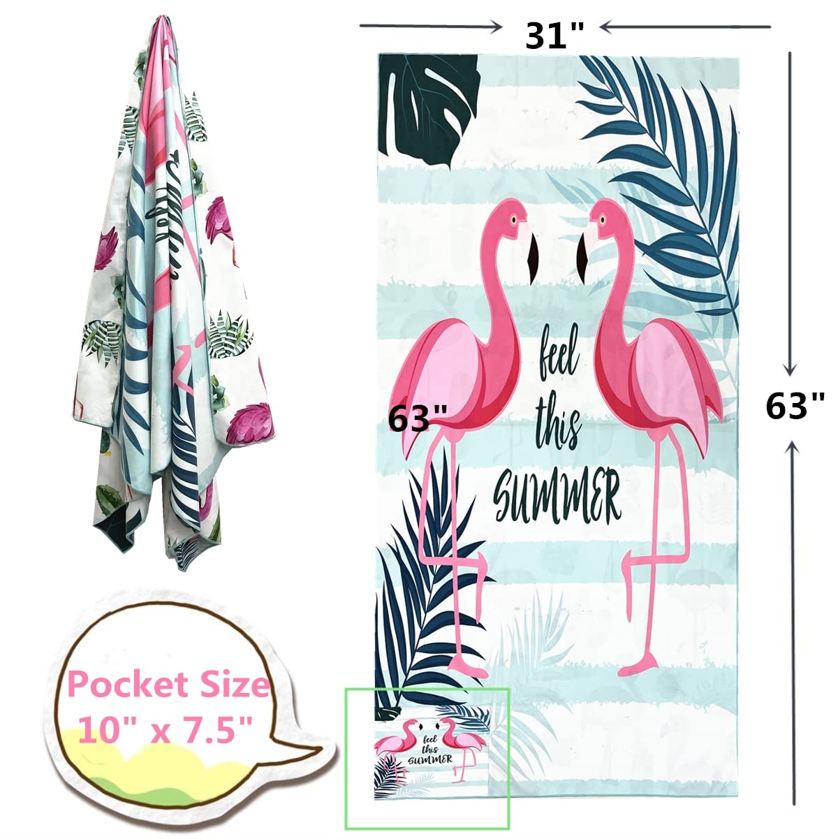Premium Oversized Microfiber Beach Towel - Super Absorbent, Quick Dry & Sand Free - Cute Flamingo Design for Kids, Men & Women - Includes Zipper Pocket Travel Bag - Perfect for Swimming, Sunbathing & Travel